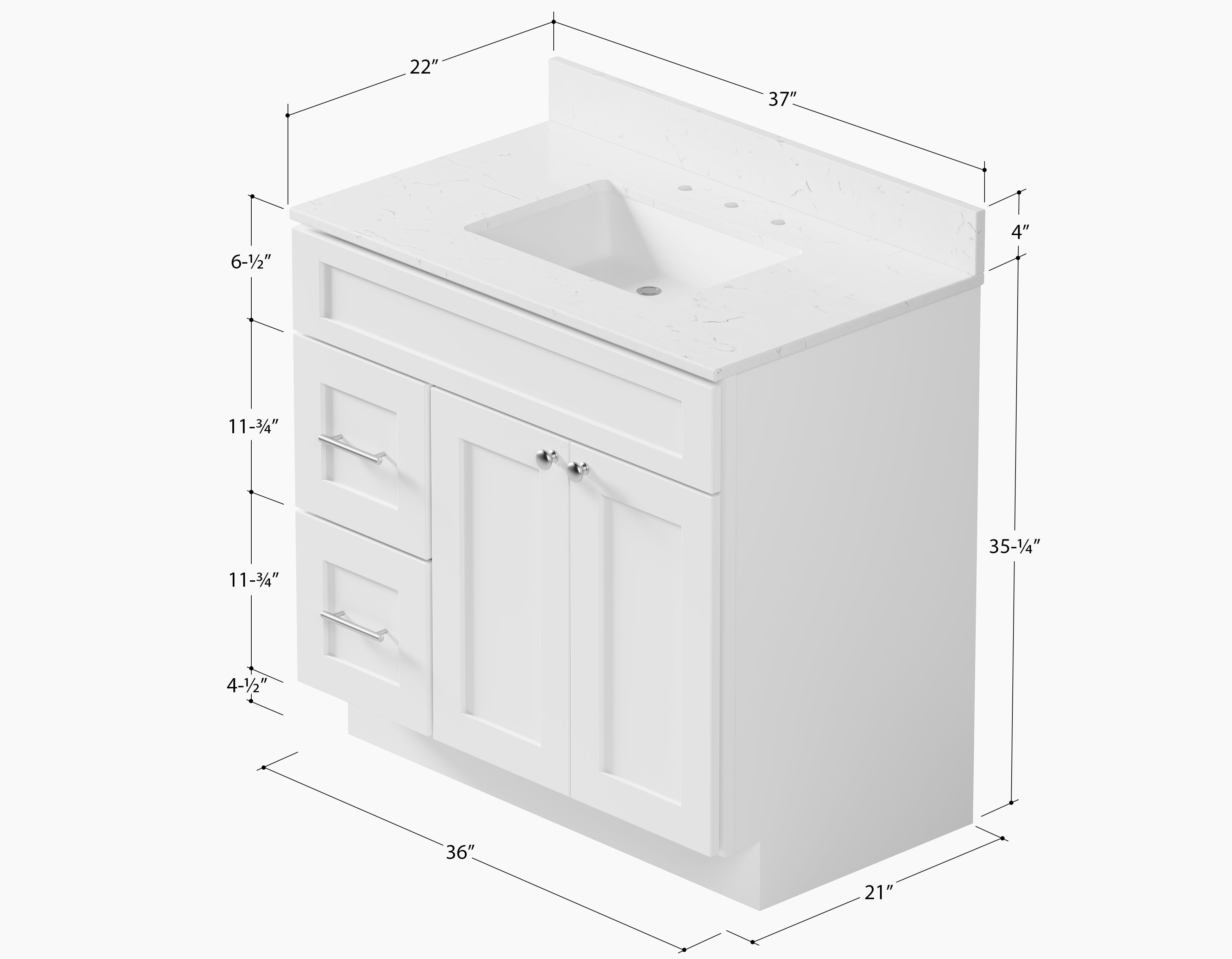 Disar 36'' White Bathroom Vanity with Calacatta Quartz Top and Left Drawers