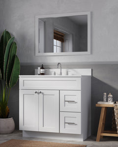 Disar 36'' White Bathroom Vanity with Calacatta Quartz Top and Right Drawers
