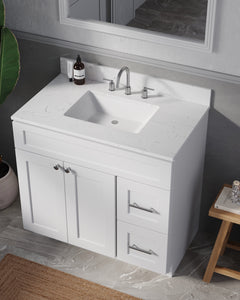 Disar 36'' White Bathroom Vanity with Calacatta Quartz Top and Right Drawers
