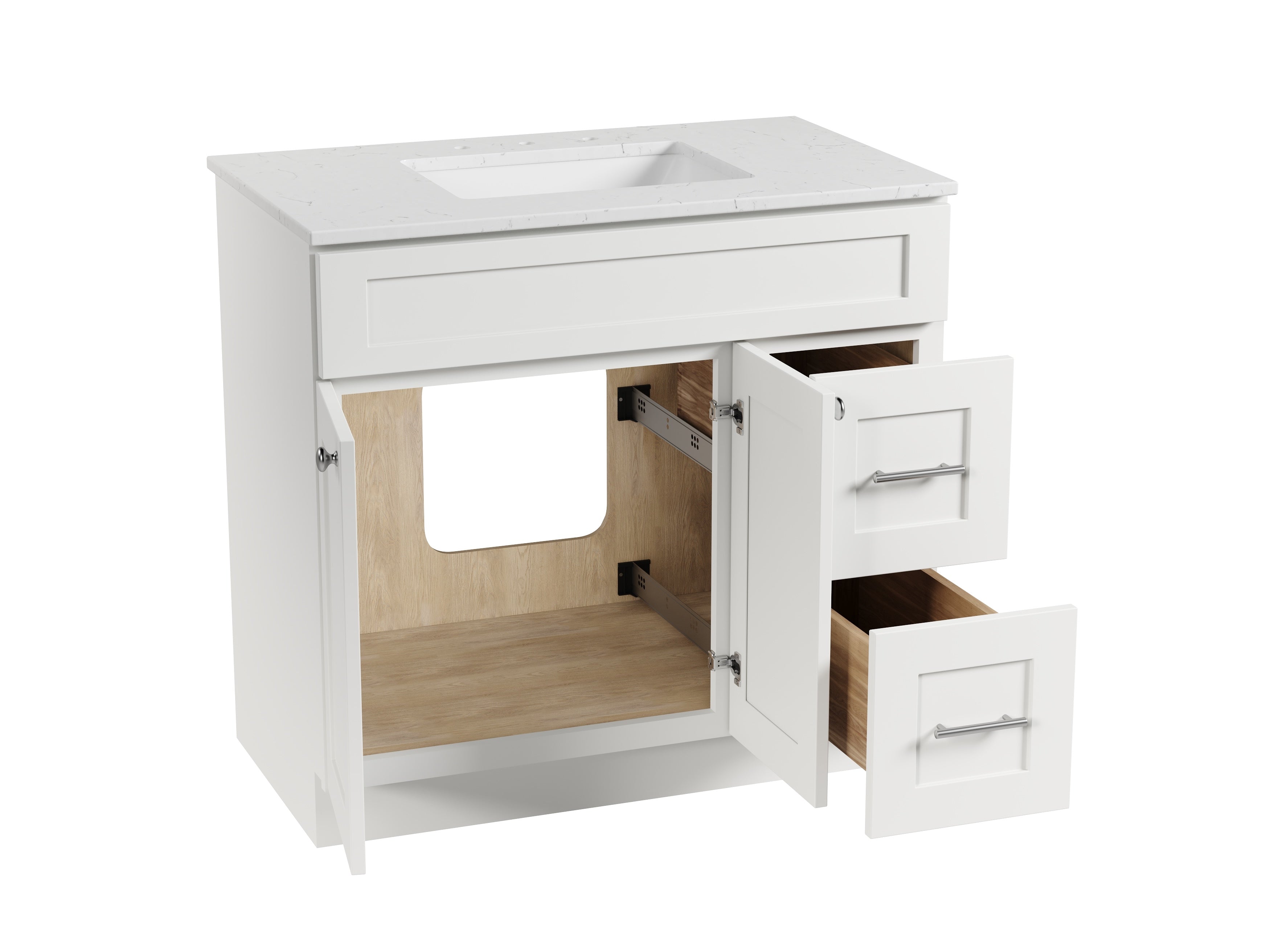 Disar 36'' White Bathroom Vanity with Calacatta Quartz Top and Right Drawers