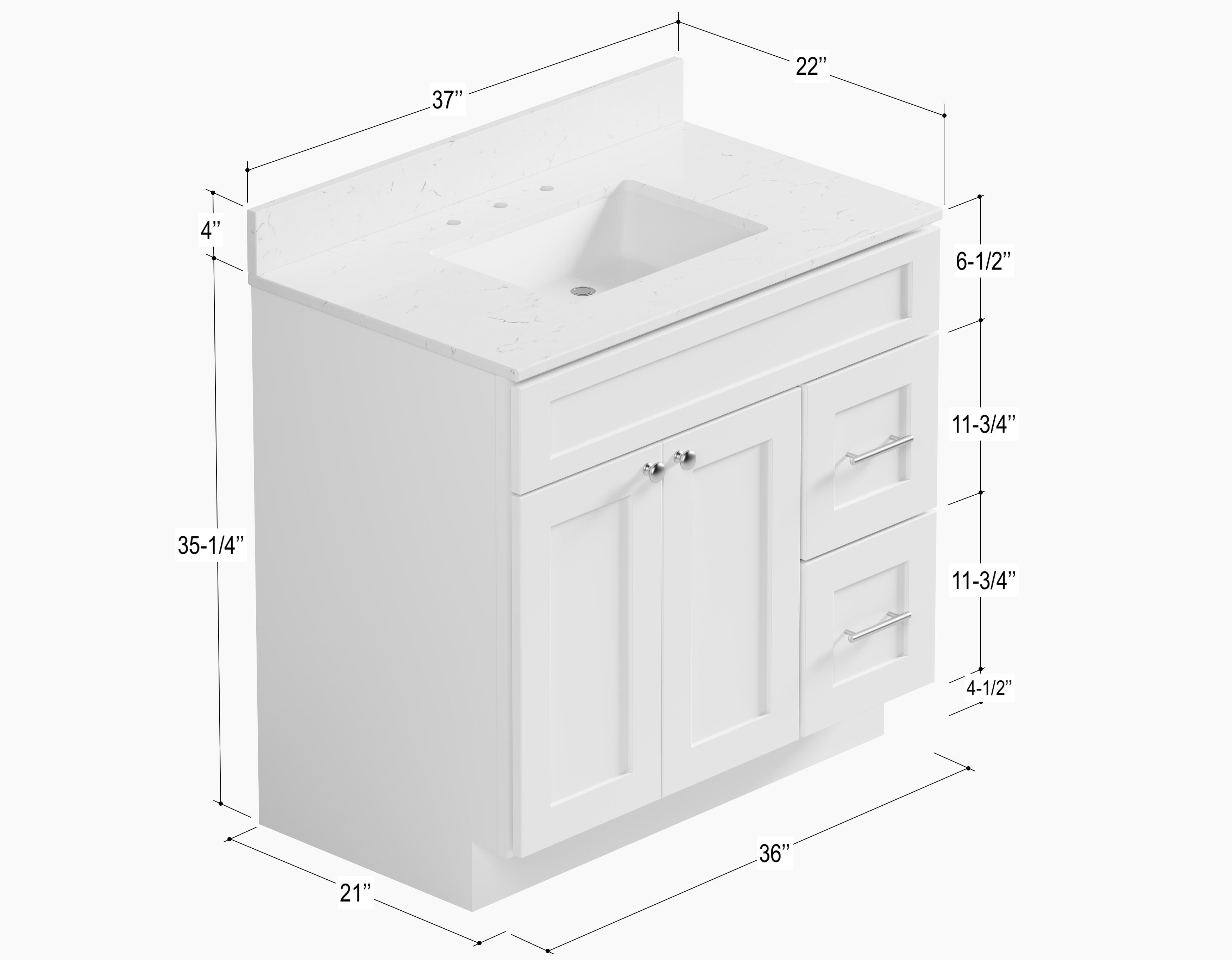 Disar 36'' White Bathroom Vanity with Calacatta Quartz Top and Right Drawers