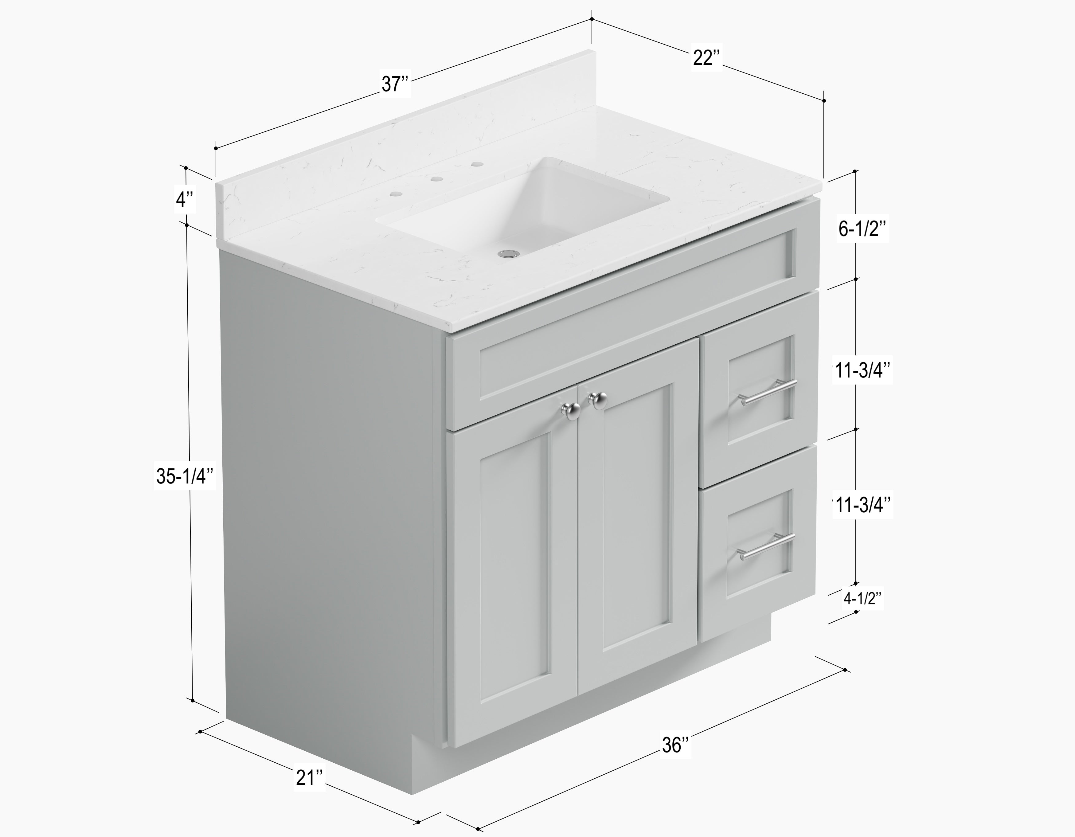 Disar 36'' White Bathroom Vanity with Calacatta Quartz Top and Right Drawers