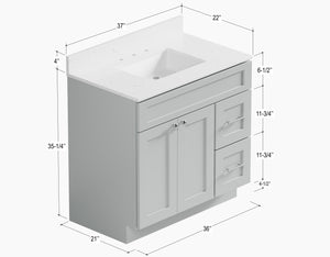 Disar 36'' White Bathroom Vanity with Calacatta Quartz Top and Right Drawers