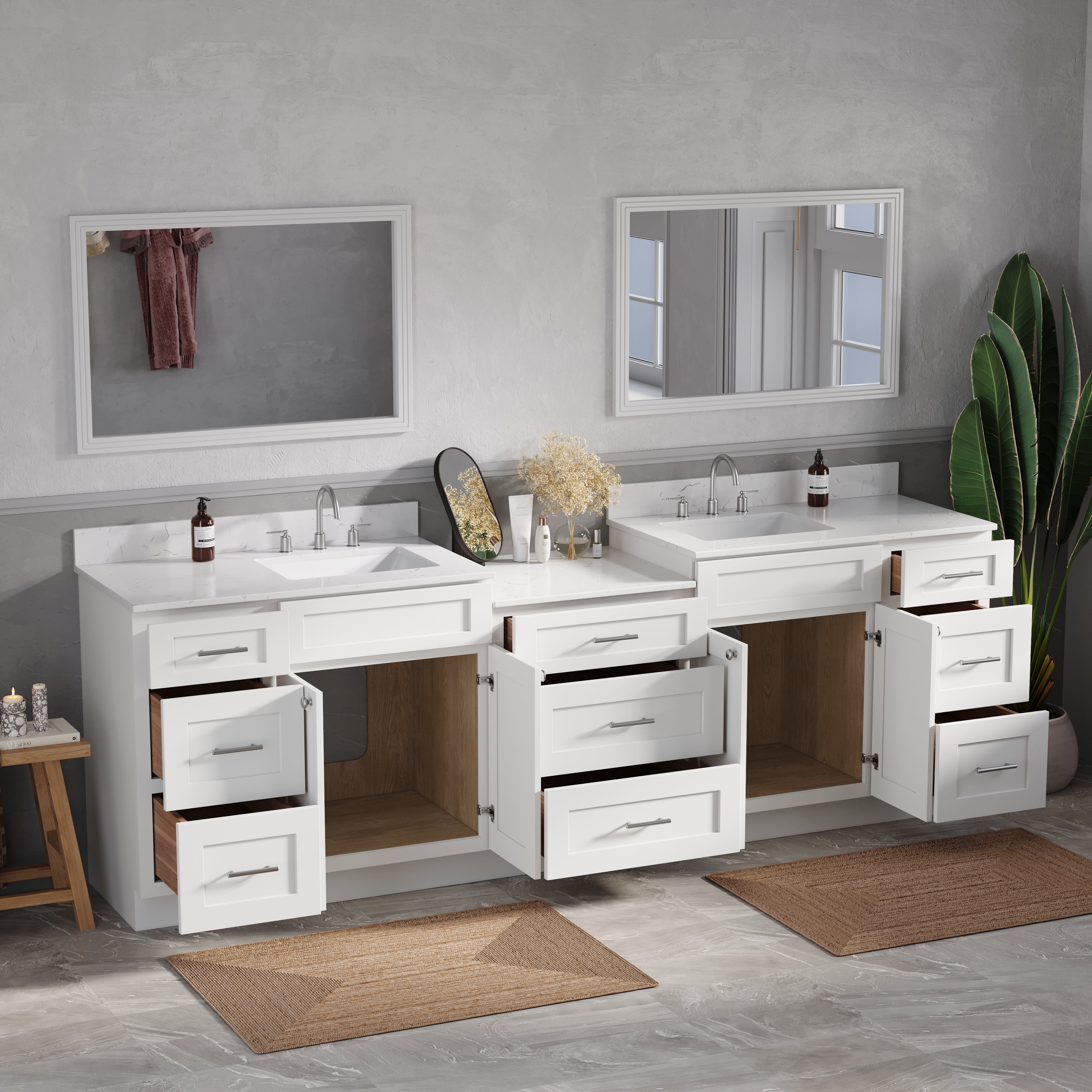 Disar 102'' Double Bathroom Vanity Cabinet Shaker Dovetail Solid Wood Drawer Carrara Quartz Top