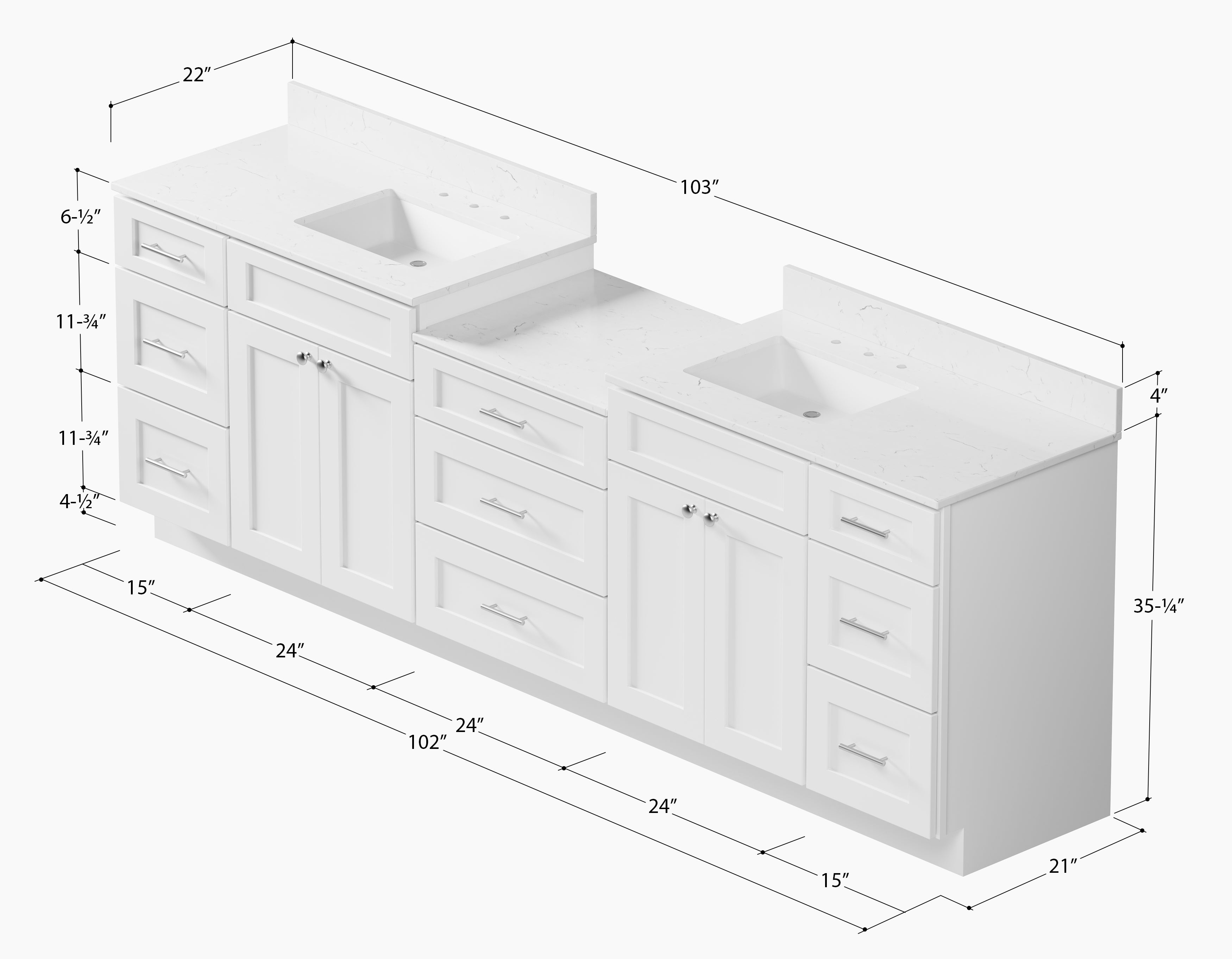 Disar 102'' Double Bathroom Vanity Cabinet Shaker Dovetail Solid Wood Drawer Carrara Quartz Top