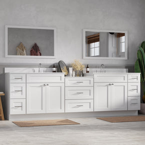 108'' Double Bathroom Vanity Cabinet Shaker Dovetail Solid Wood Drawer Carrara Quartz Top