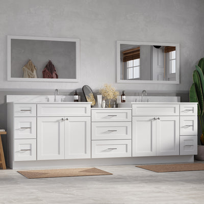 [color:White] 108'' Double Bathroom Vanity Cabinet Shaker, Carrara Quartz Top - front view
