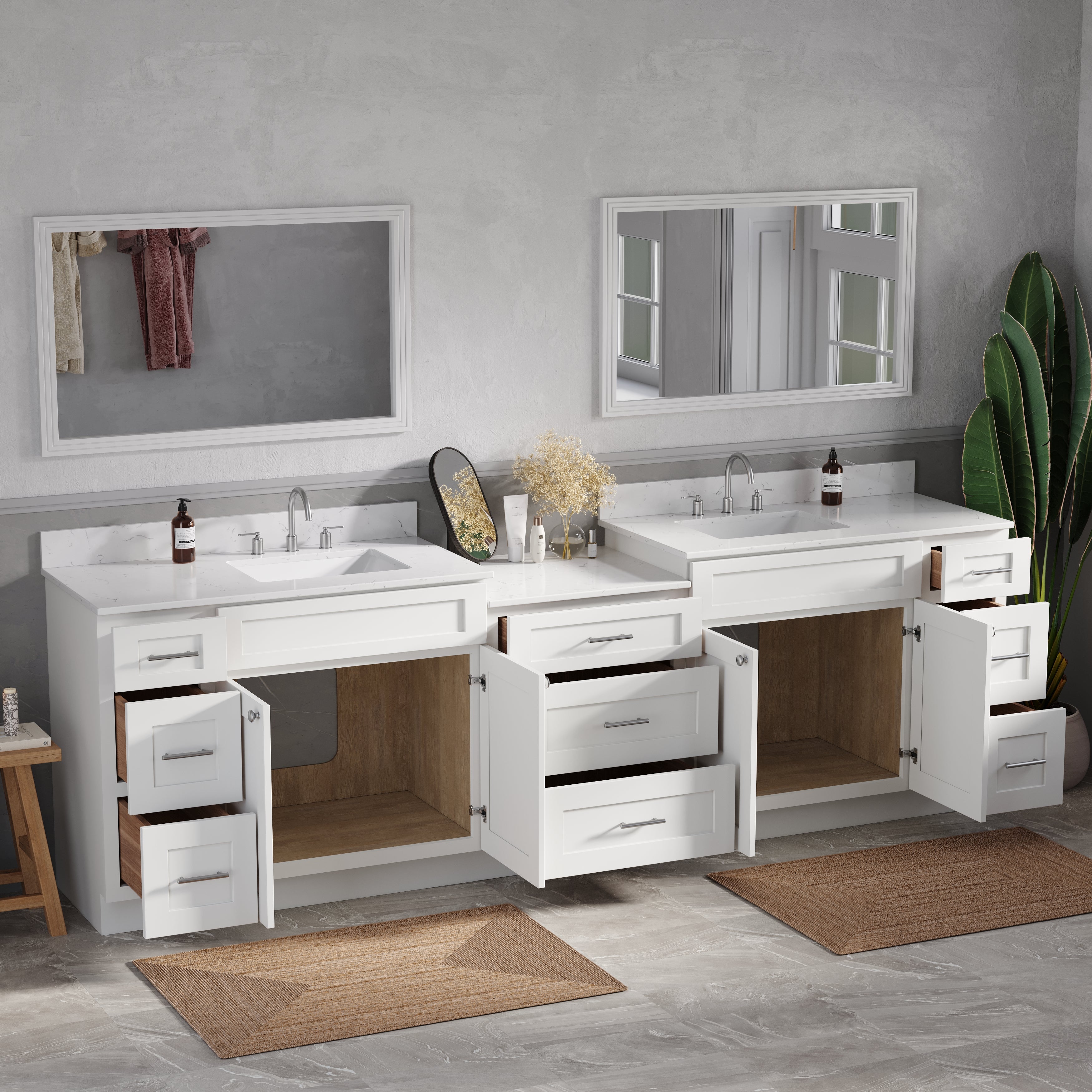108'' Double Bathroom Vanity Cabinet Shaker Dovetail Solid Wood Drawer Carrara Quartz Top