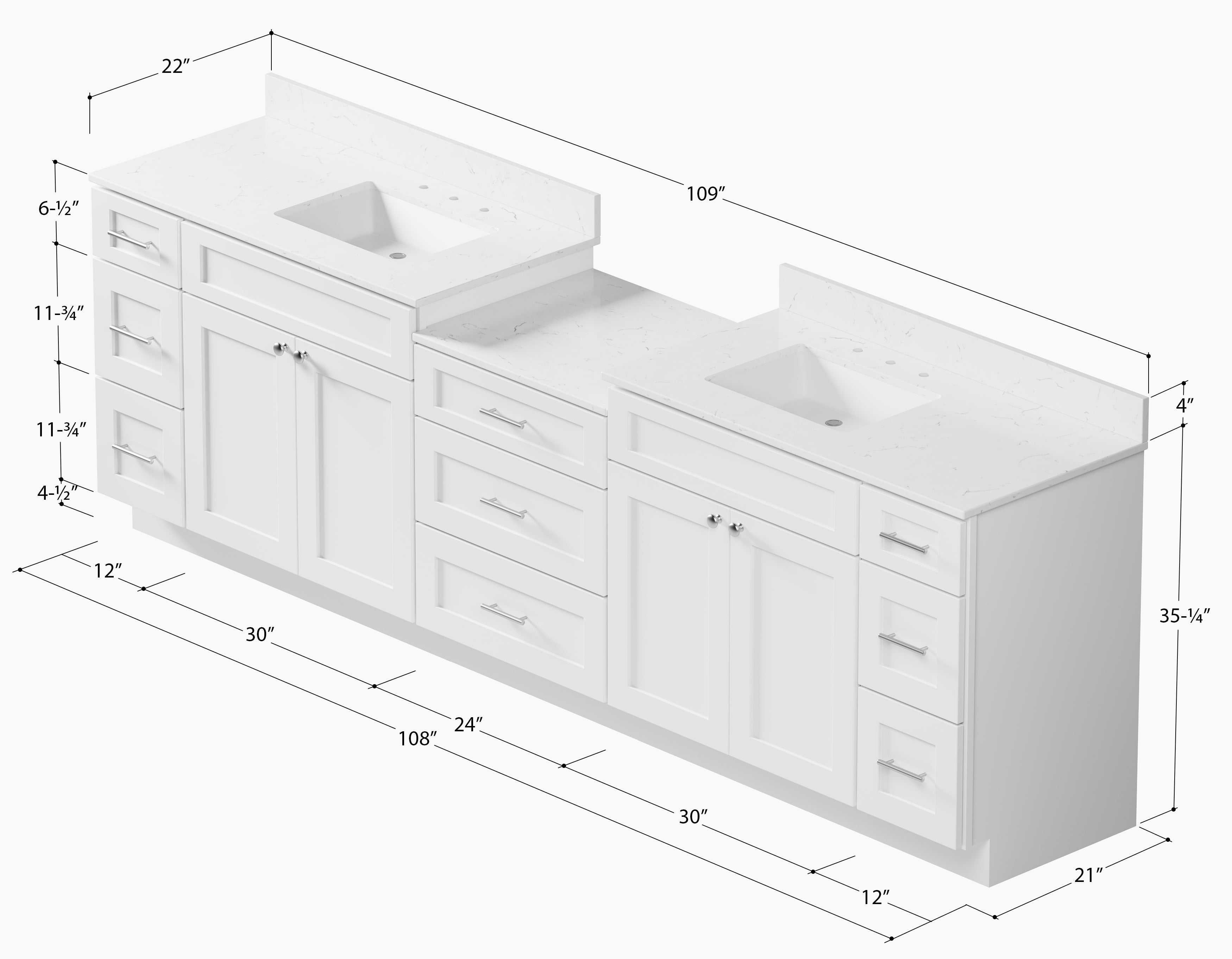 108'' Double Bathroom Vanity Cabinet Shaker Dovetail Solid Wood Drawer Carrara Quartz Top
