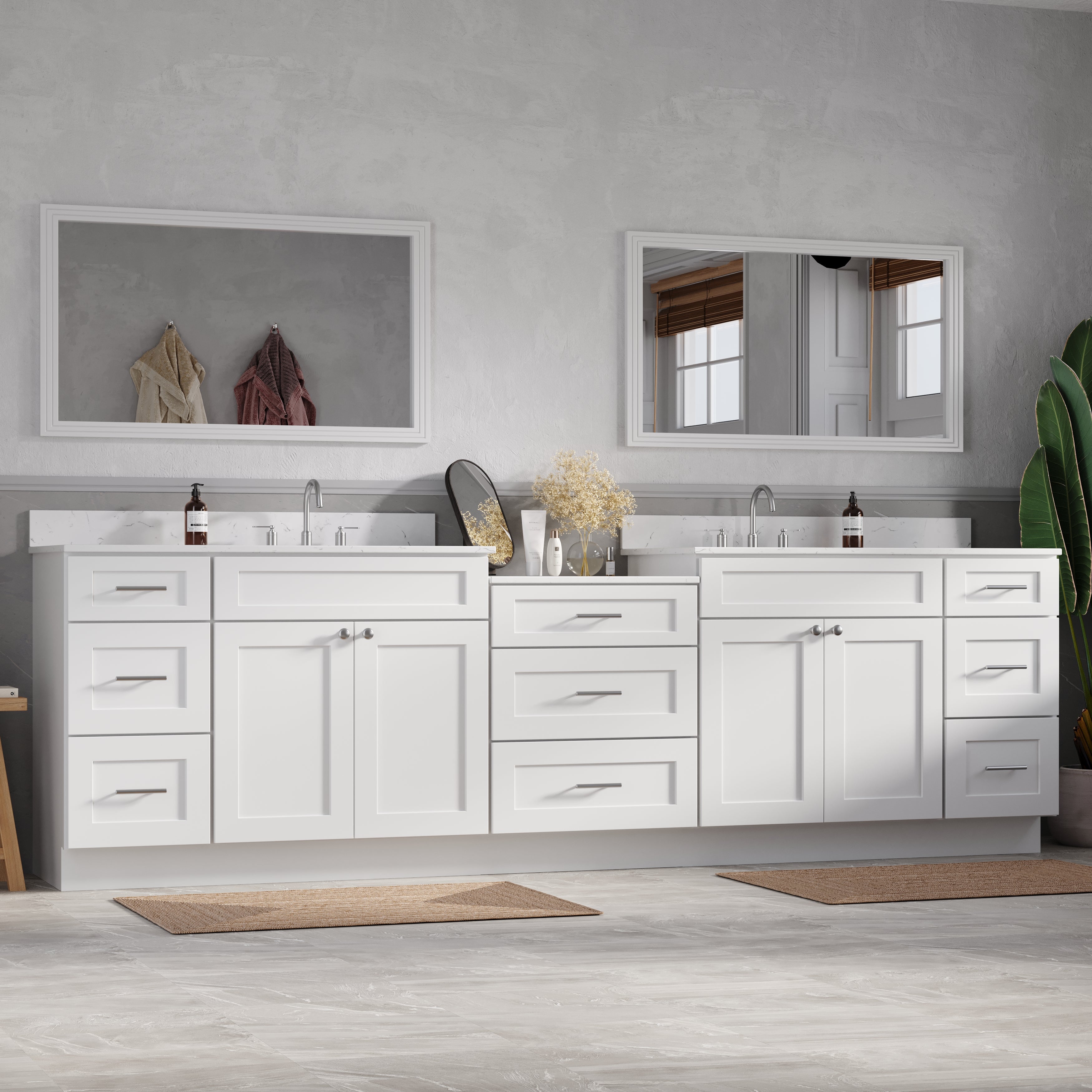 114'' Double Bathroom Vanity Cabinet Shaker Dovetail Solid Wood Drawer Carrara Quartz Top