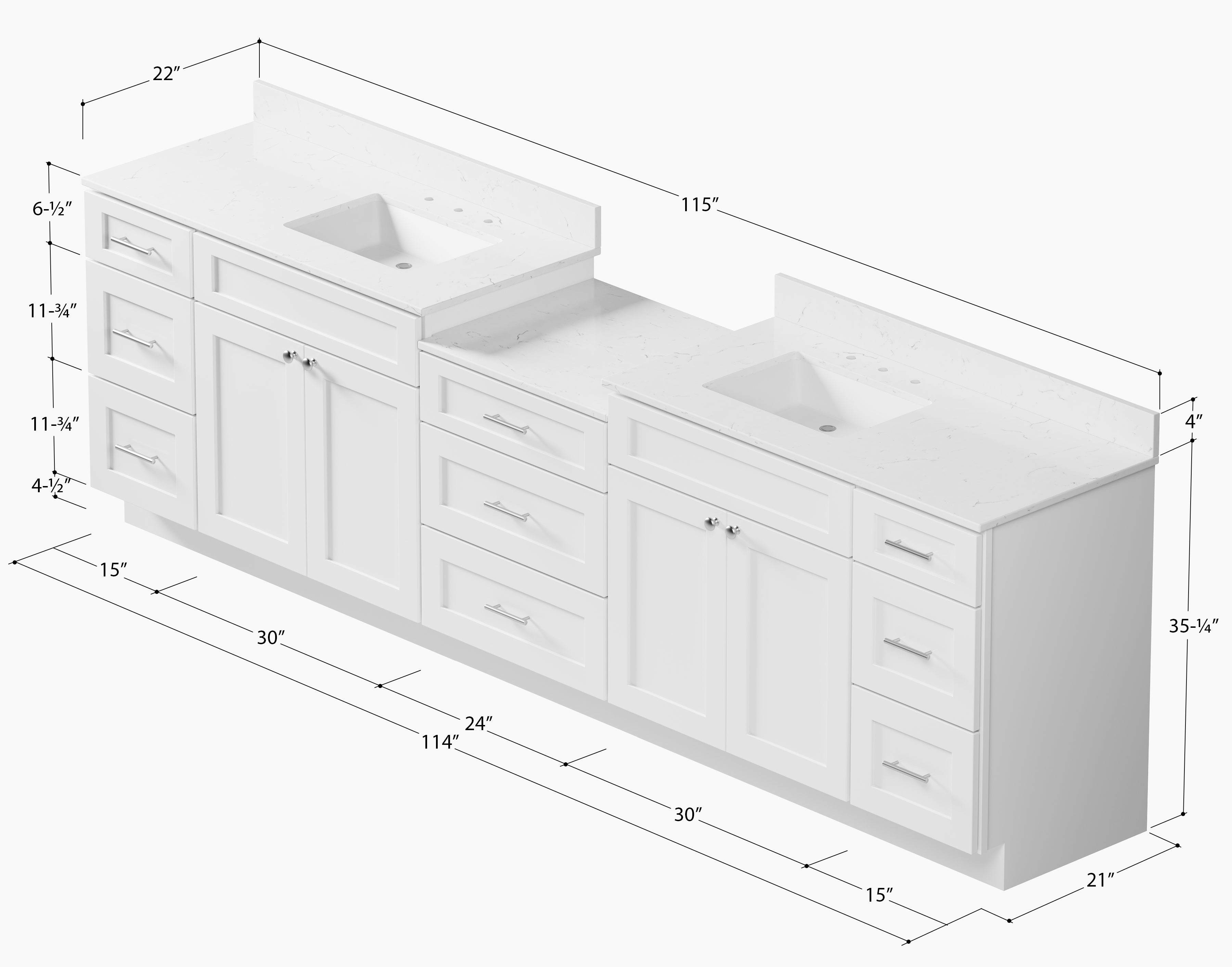 114'' Double Bathroom Vanity Cabinet Shaker Dovetail Solid Wood Drawer Carrara Quartz Top