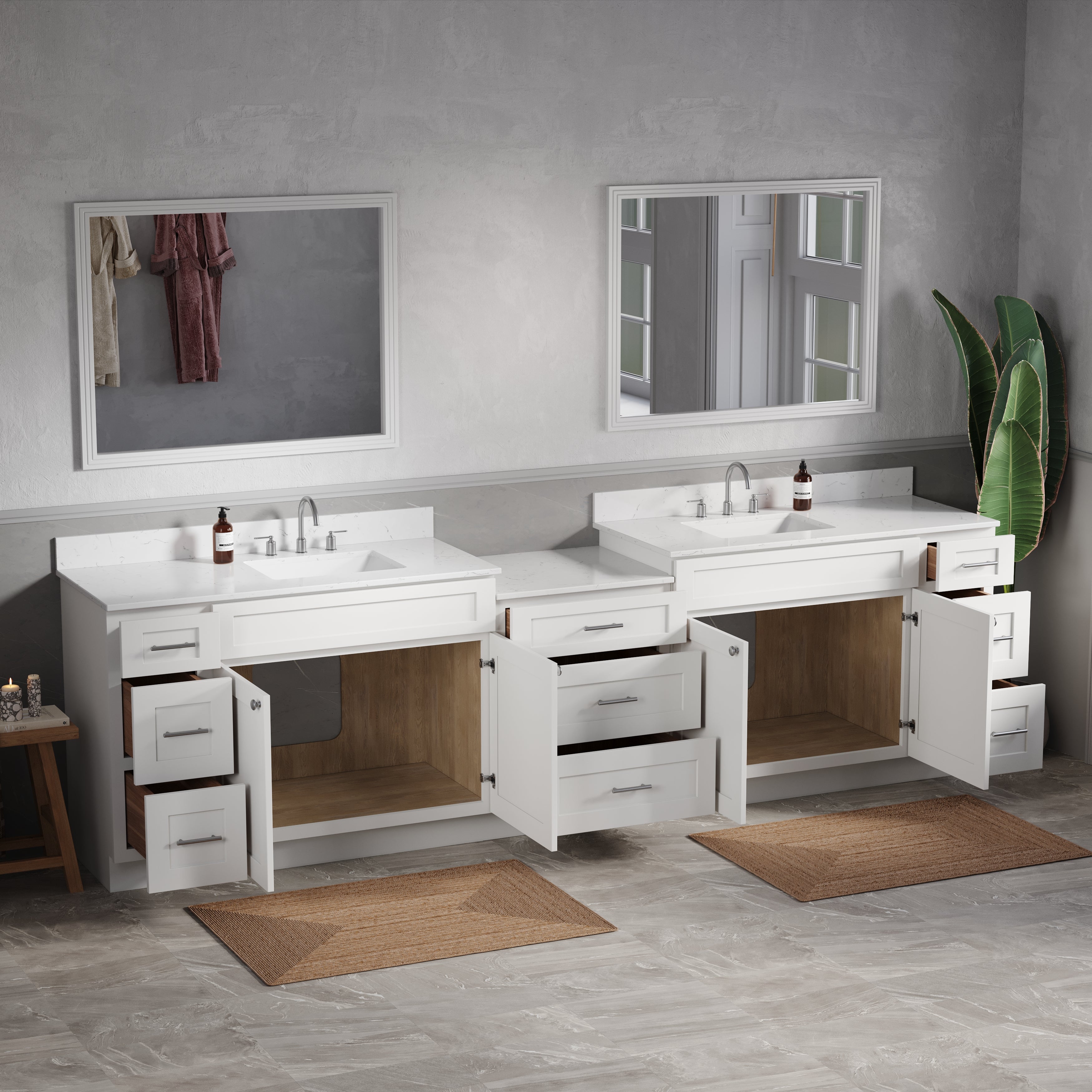 120'' Double Bathroom Vanity Cabinet Shaker Dovetail Solid Wood Drawer Carrara Quartz Top