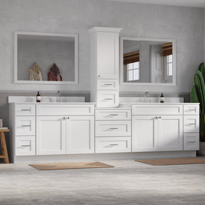 120'' Double Bathroom Vanity With Counter Top Tall Cabinet Shaker Dovetail Solid Wood Drawer Carrara Quartz Top