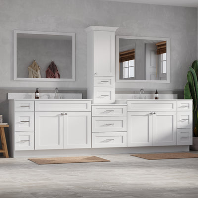 [color:White] 120'' Double Bathroom Vanity With Countertop Tall Cabinet Shaker, Quartz Top - front view