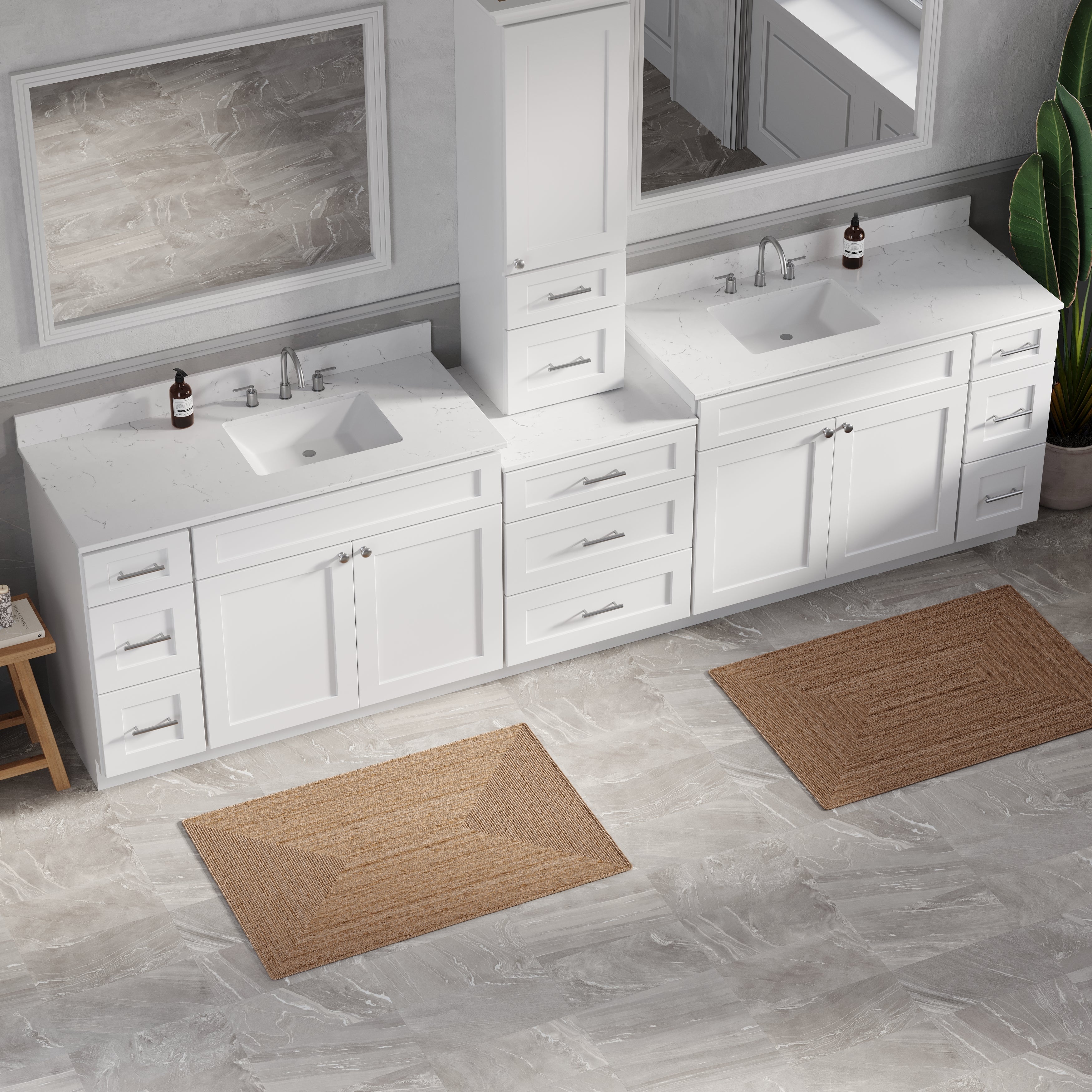 120'' Double Bathroom Vanity With Counter Top Tall Cabinet Shaker Dovetail Solid Wood Drawer Carrara Quartz Top
