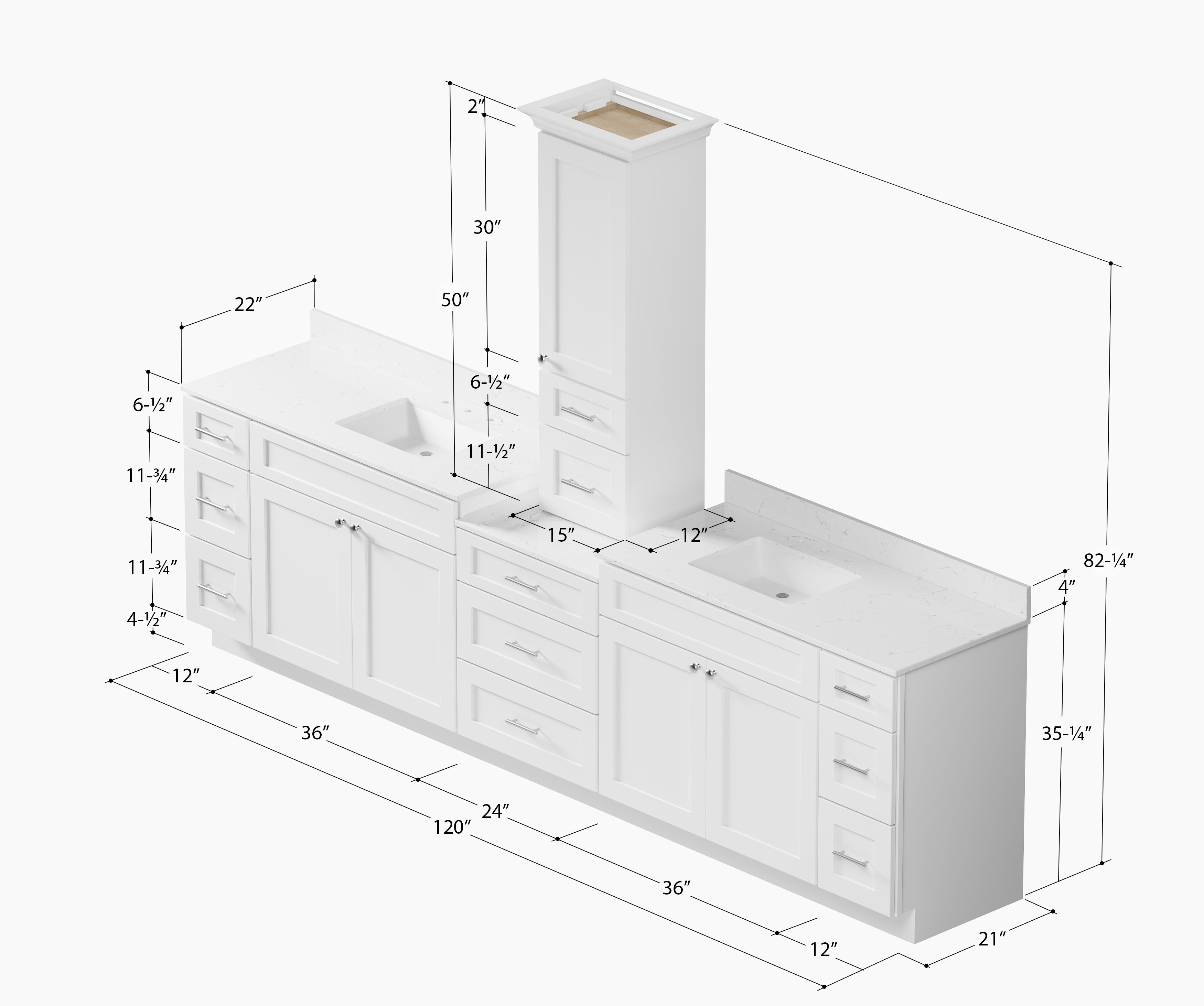 120'' Double Bathroom Vanity With Counter Top Tall Cabinet Shaker Dovetail Solid Wood Drawer Carrara Quartz Top
