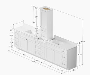 120'' Double Bathroom Vanity With Counter Top Tall Cabinet Shaker Dovetail Solid Wood Drawer Carrara Quartz Top