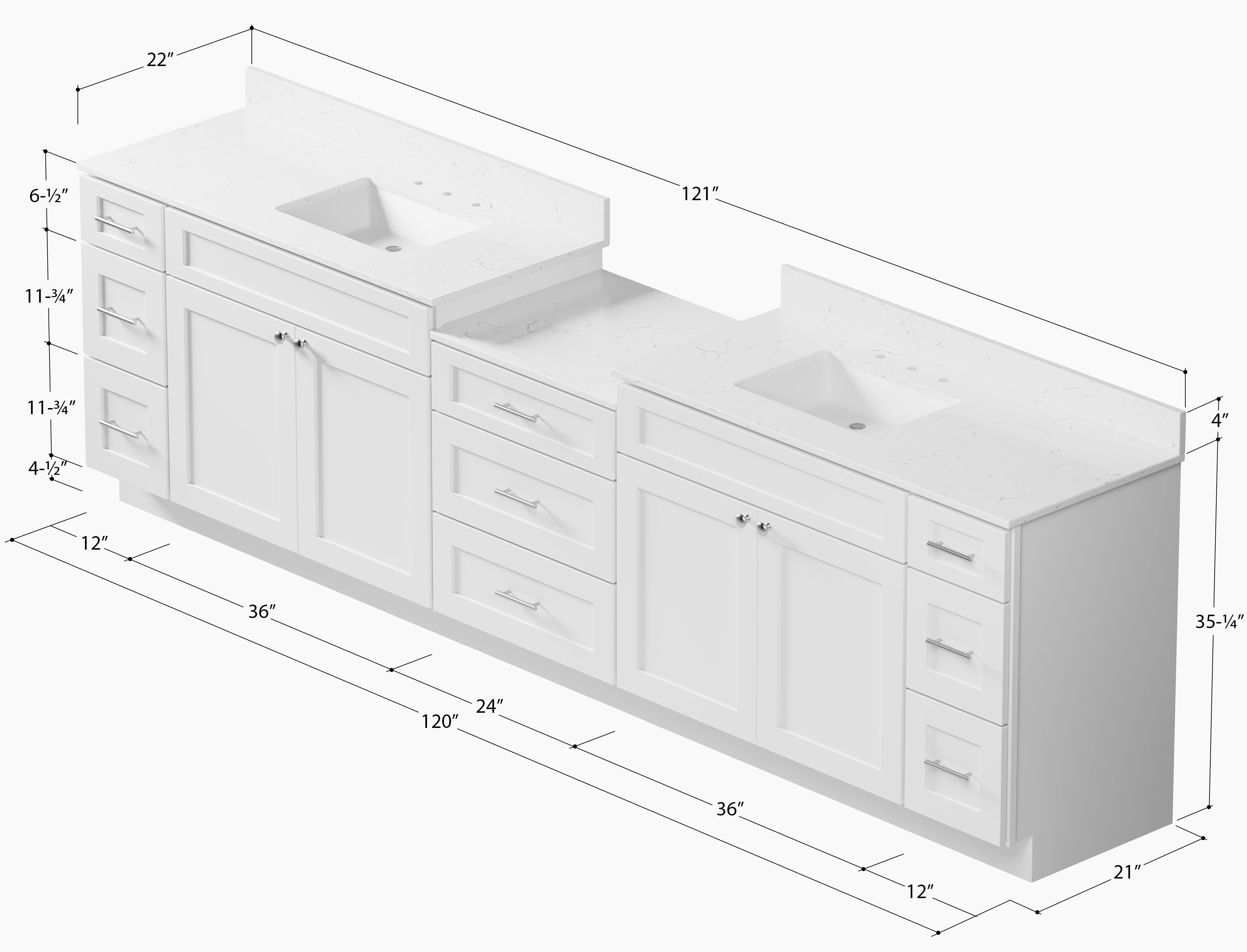 120'' Double Bathroom Vanity Cabinet Shaker Dovetail Solid Wood Drawer Carrara Quartz Top