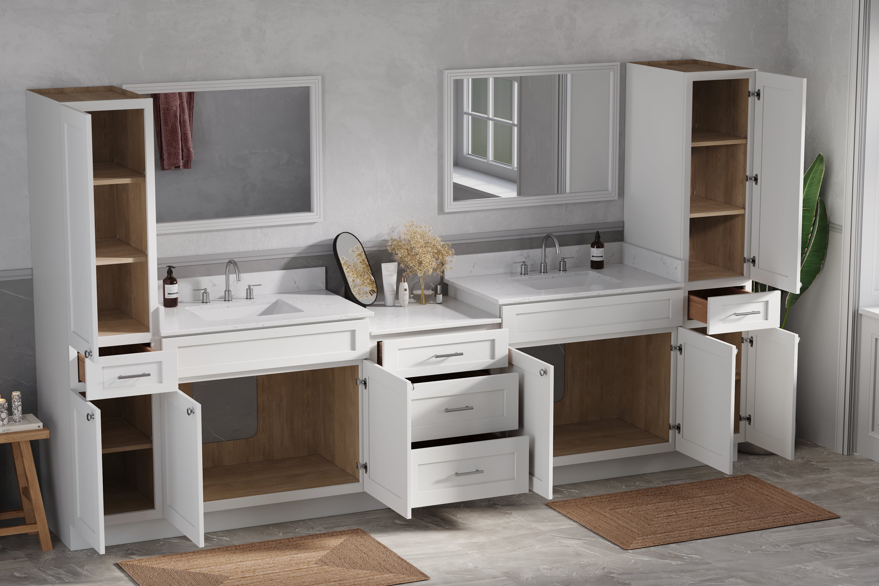 126'' Double Bathroom Vanity Cabinet Shaker Dovetail Solid Wood Drawer Carrara Quartz Top