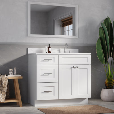 [color:White] 39'' Left Drawer Single Bathroom Vanity with Quartz Top - soft-close drawer detail