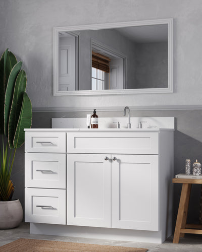 [color:White] 46'' Left Drawer Single Bathroom Vanity with Quartz Top - Carrara quartz countertop, right sink