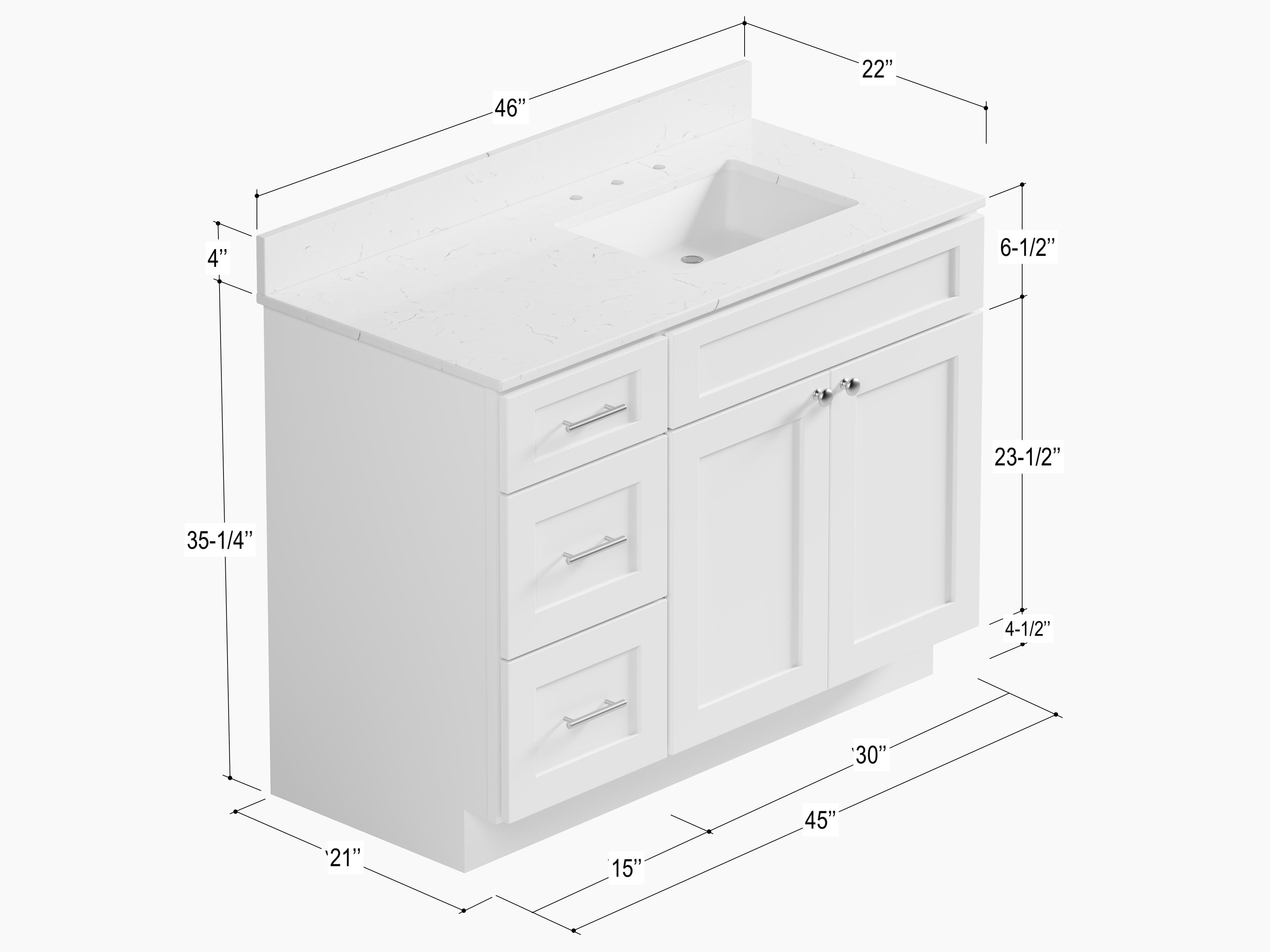 Disar 46'' Drawer Left Single Bathroom Vanity with Quartz Top