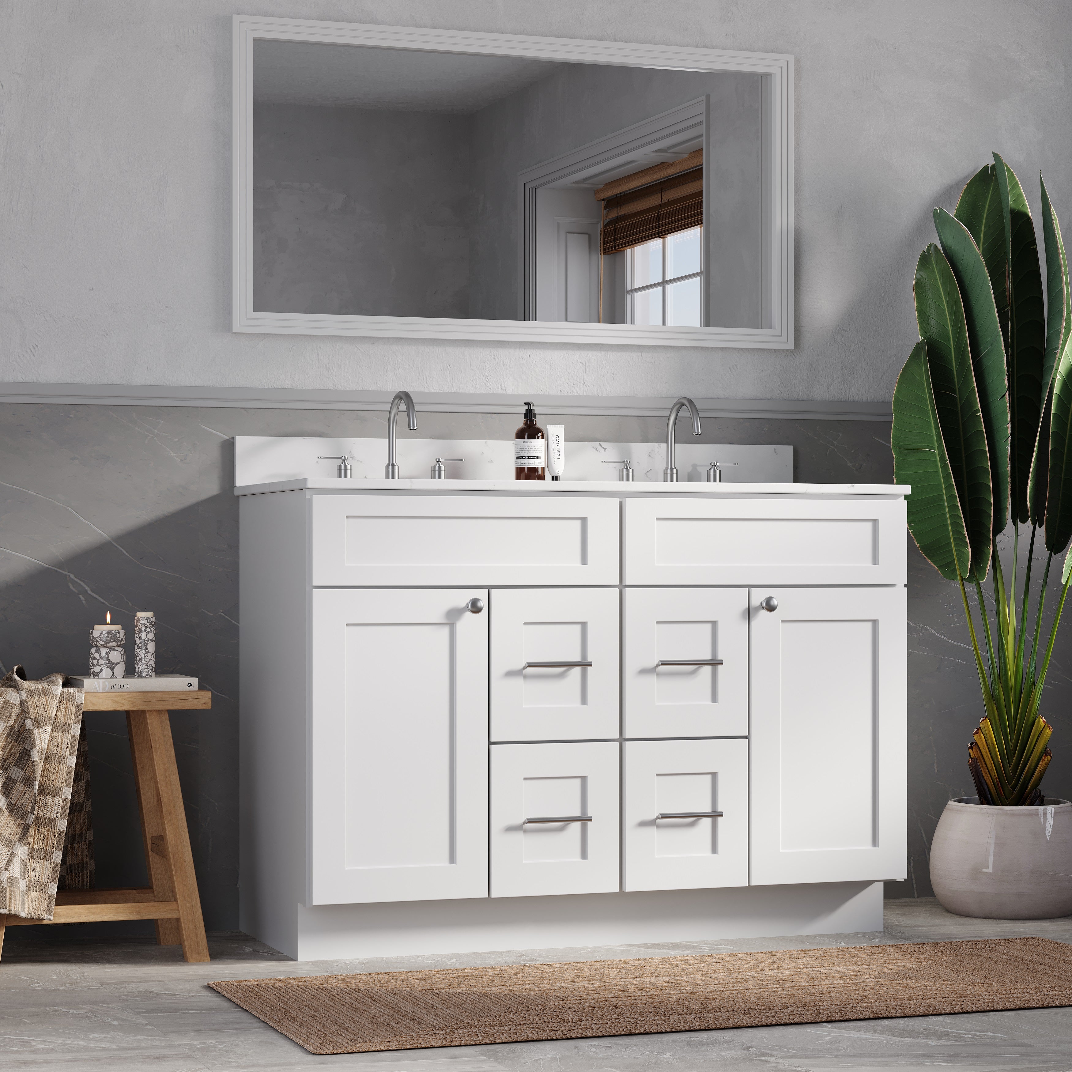 Disar 48" Double Bathroom Vanity Drawer With Carrara Quartz Top-side Splash&back Splash