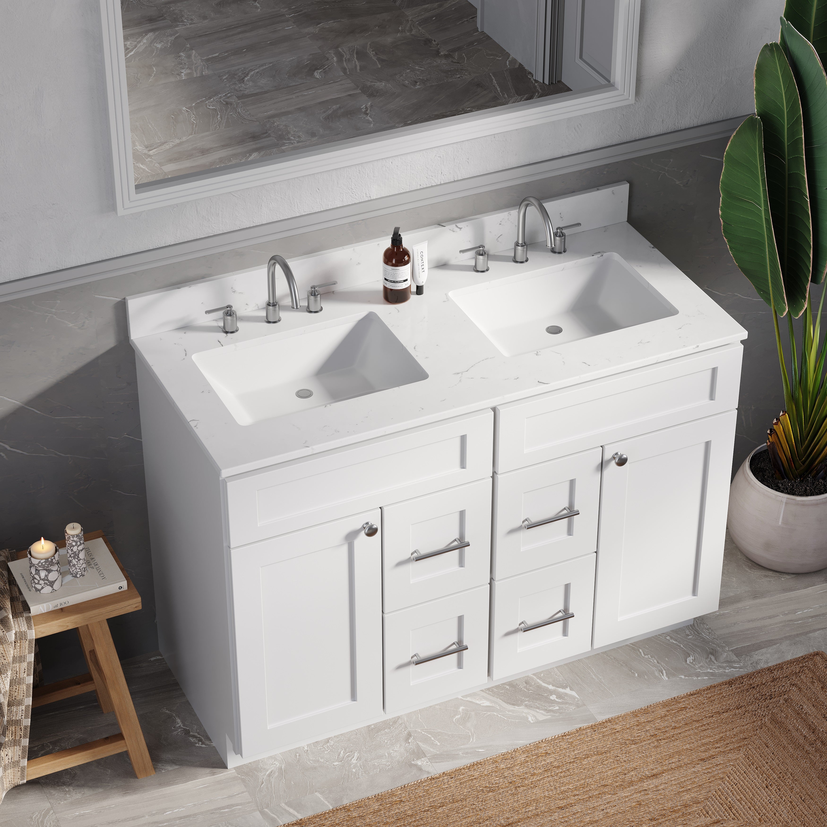 Disar 48" Double Bathroom Vanity Drawer With Carrara Quartz Top-side Splash&back Splash