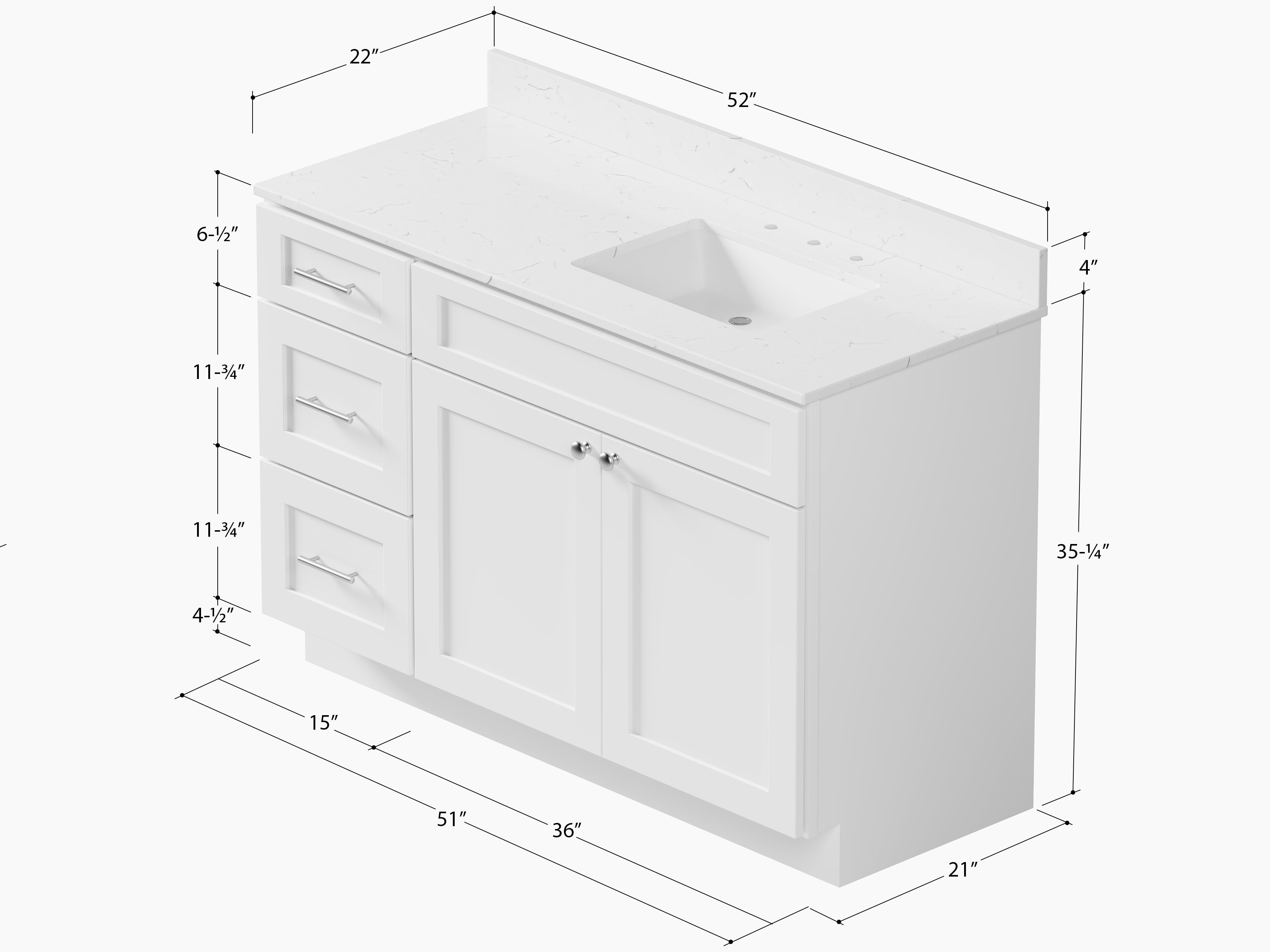 Disar 52'' Drawer Left Single Bathroom Vanity with Quartz Top