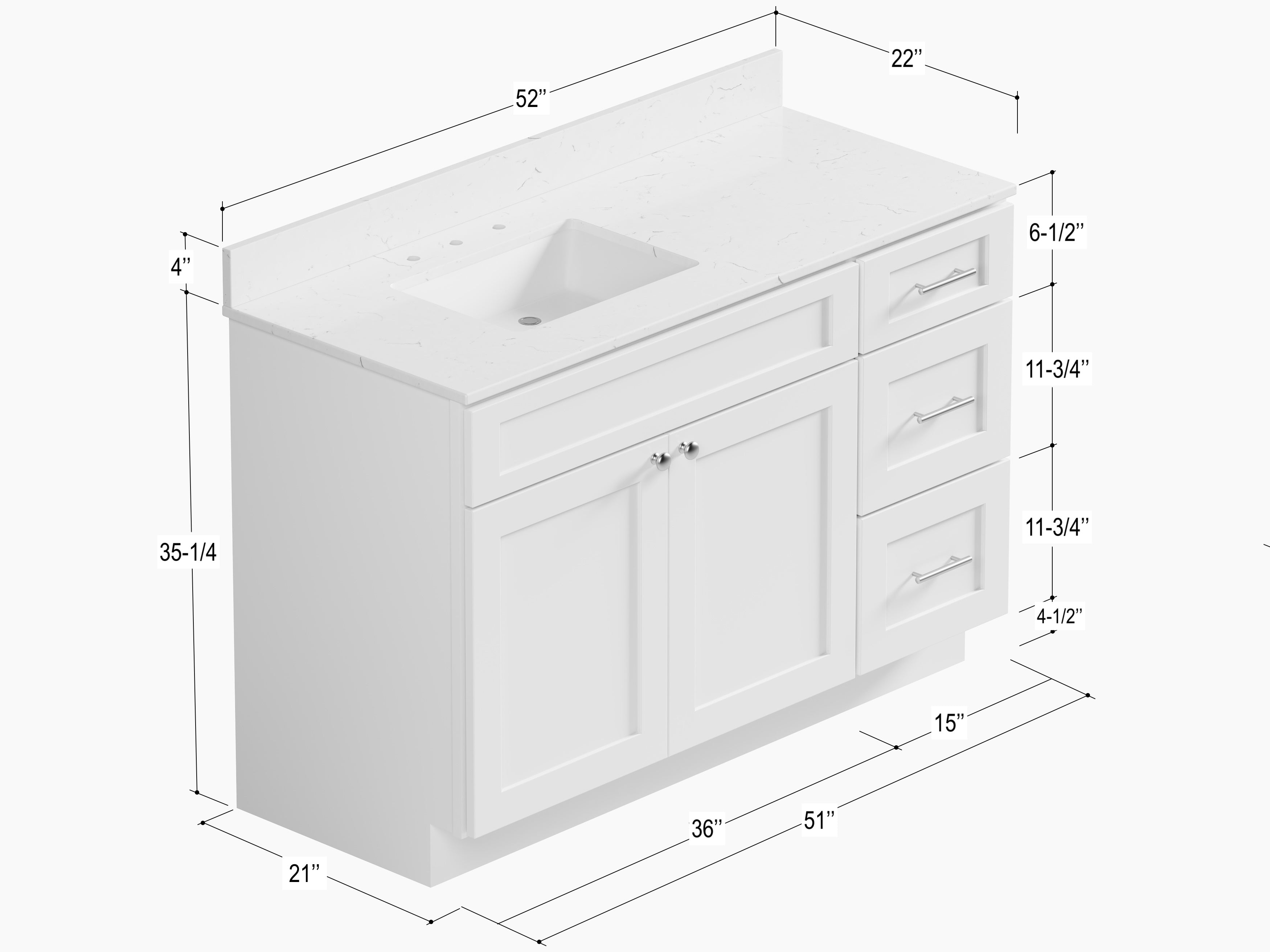 Disar 52'' DrawerLeft Single Bathroom Vanity with Quartz Top