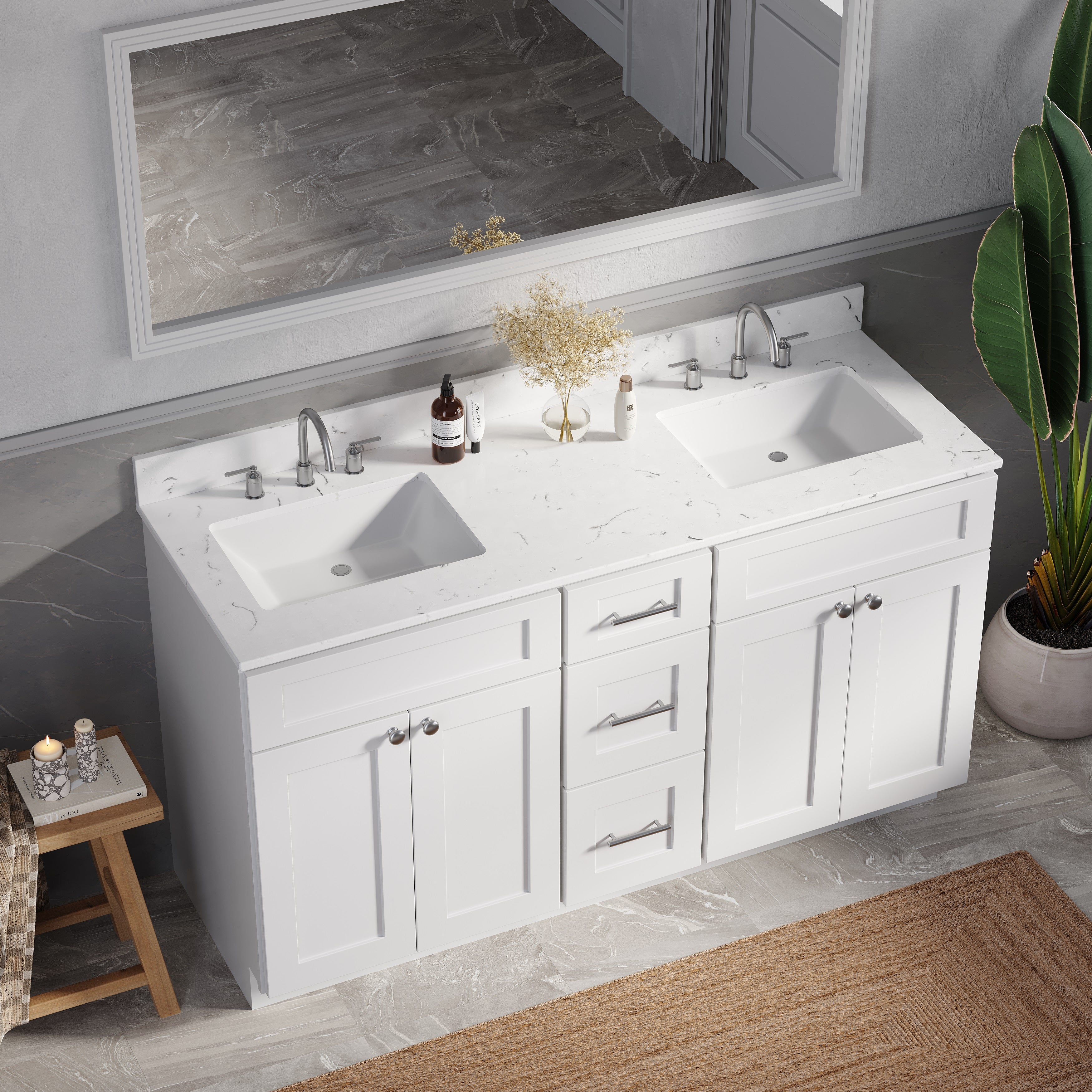61'' Double Bathroom Vanity with Carrara Quartz Top