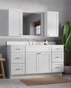 60" Single Bathroom Vanity With Carrara Quartz Top, Wall Cabinet