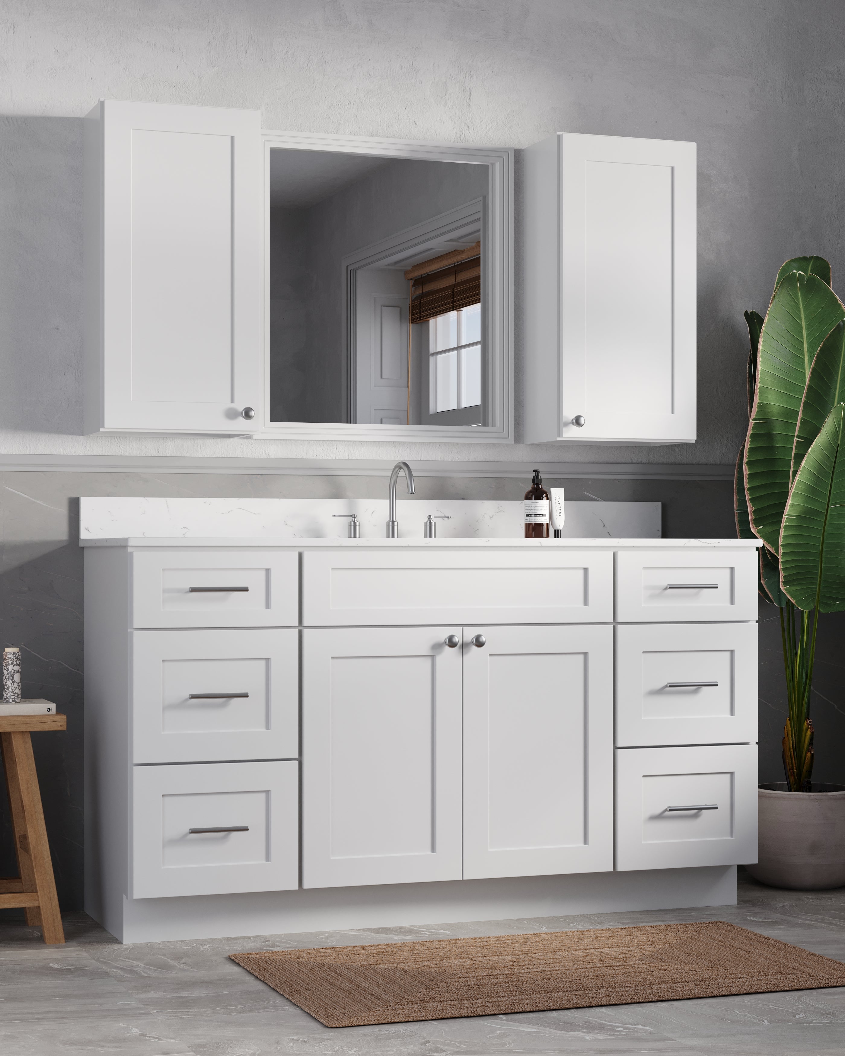 60" Single Bathroom Vanity With Carrara Quartz Top, Wall Cabinet
