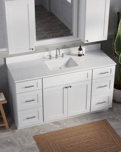 60" Single Bathroom Vanity With Carrara Quartz Top, Wall Cabinet