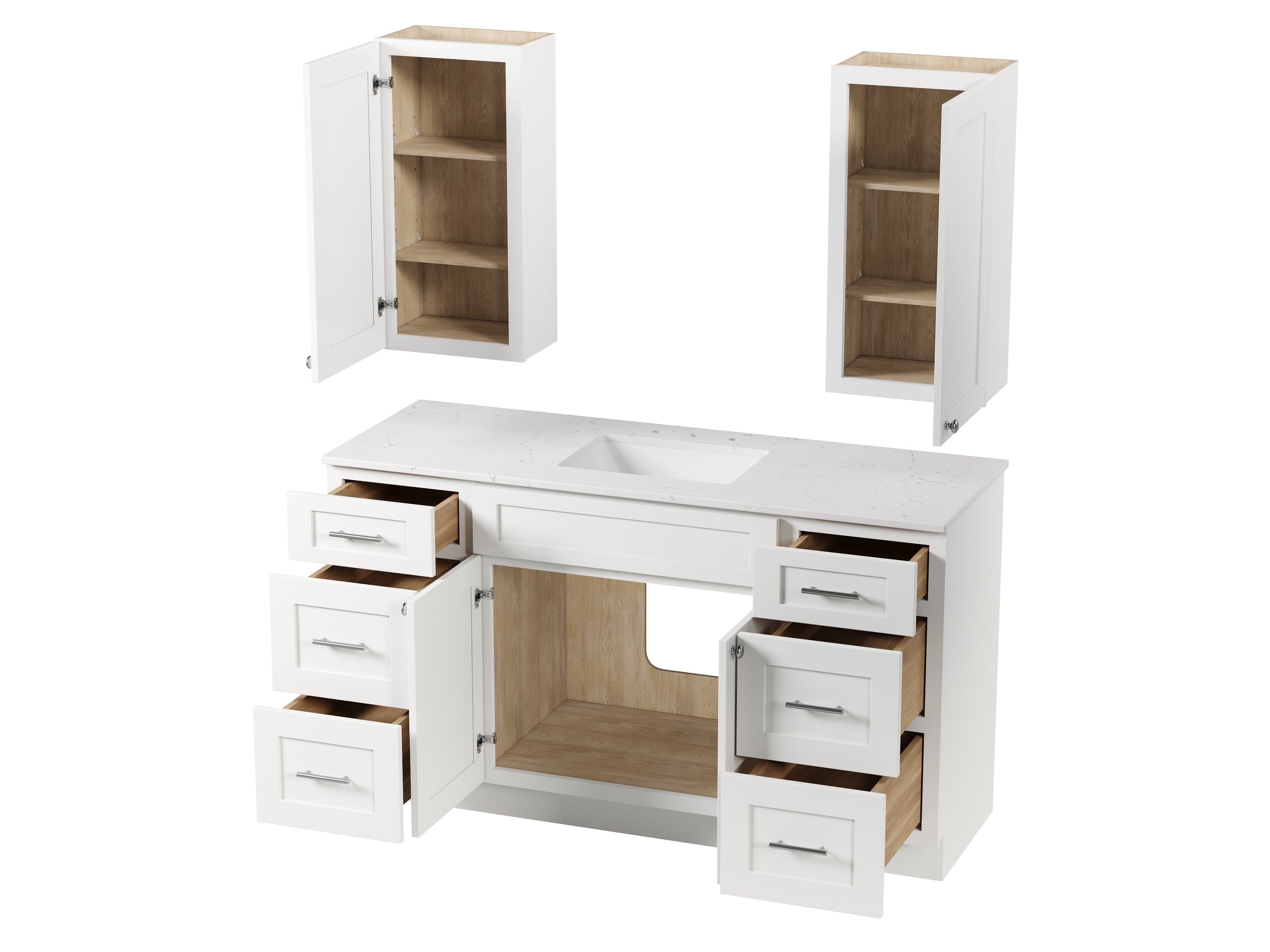 60" Single Bathroom Vanity With Carrara Quartz Top, Wall Cabinet