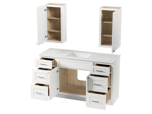 60" Single Bathroom Vanity With Carrara Quartz Top, Wall Cabinet