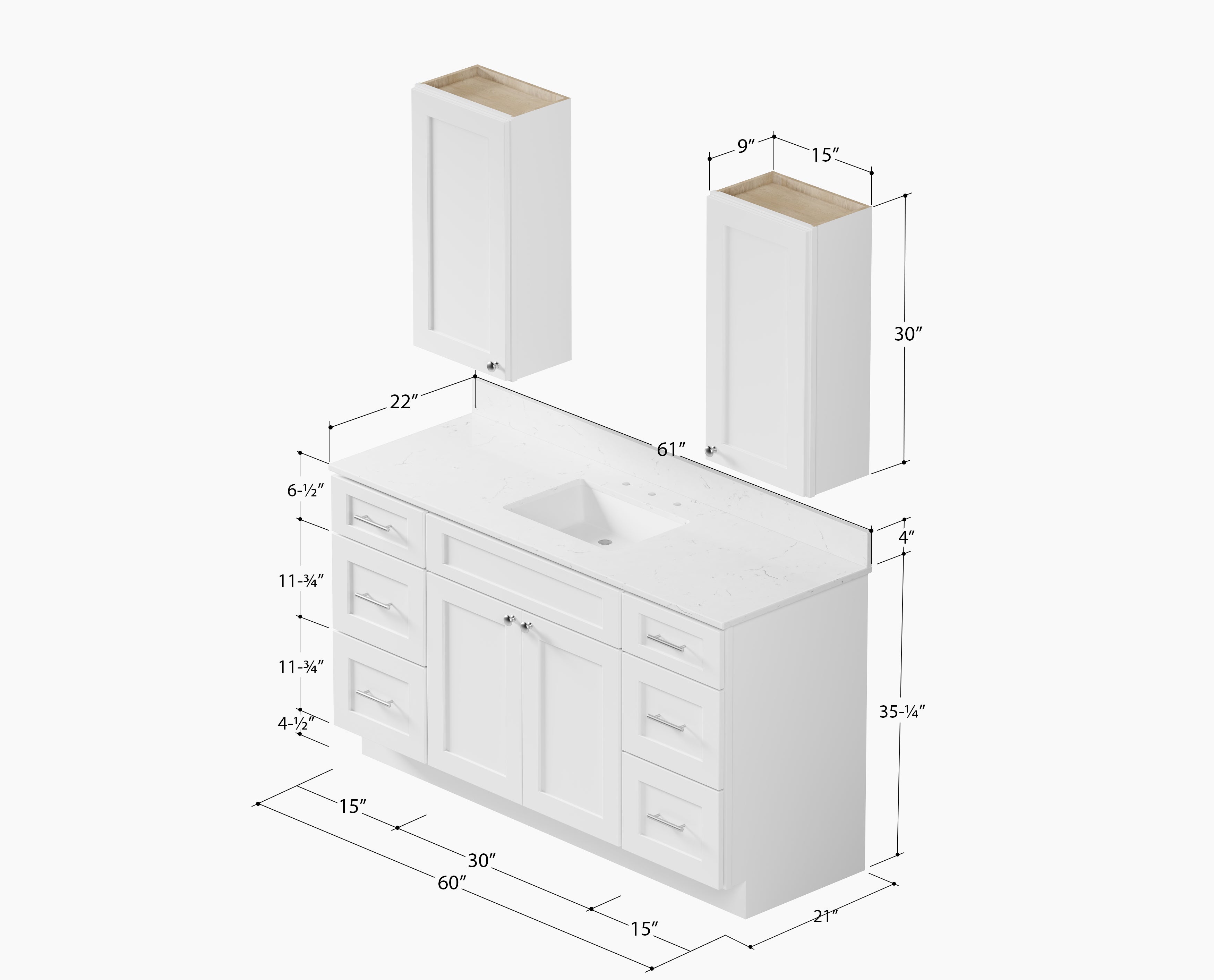 60" Single Bathroom Vanity With Carrara Quartz Top, Wall Cabinet