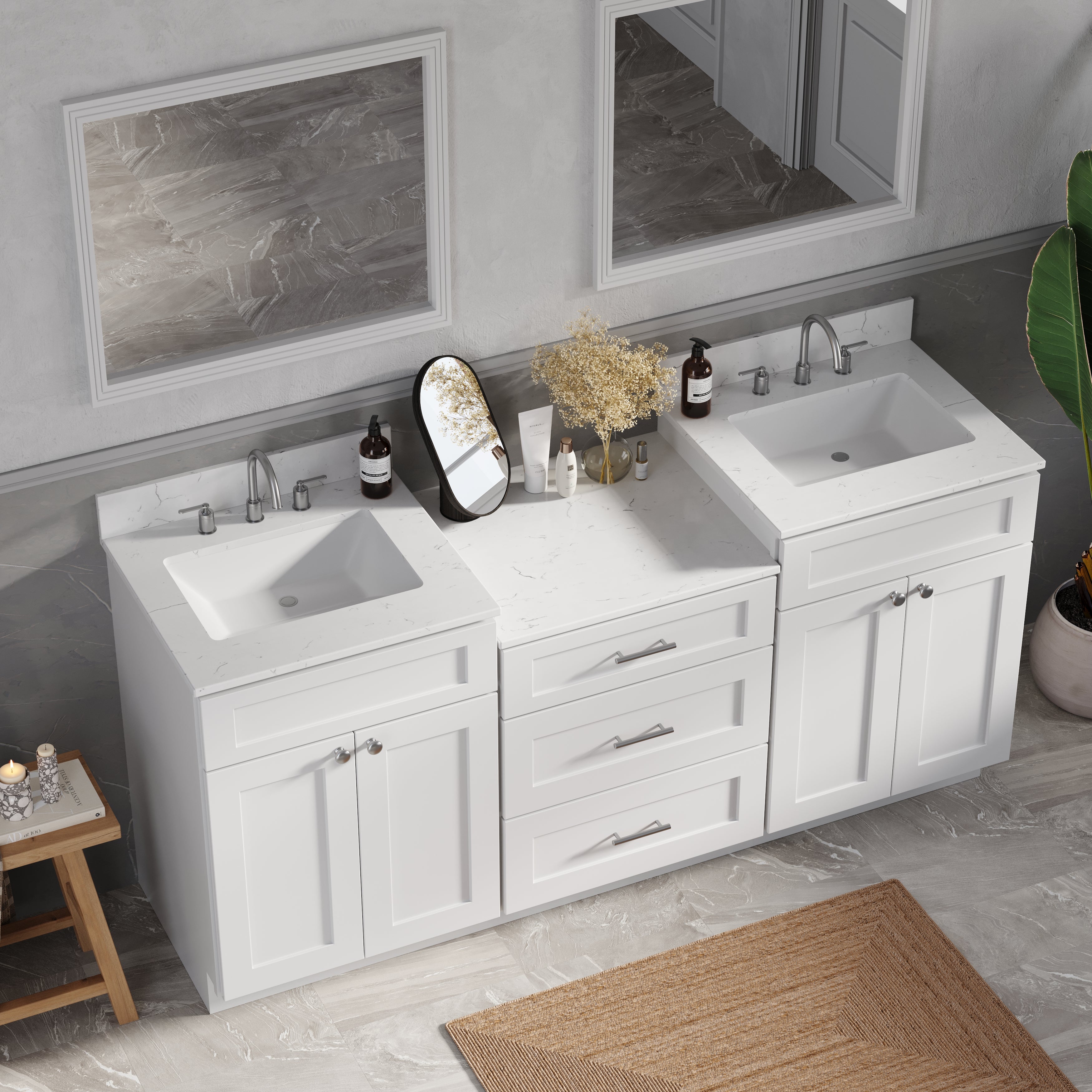 72'' Double Bathroom Vanity Cabinet Shaker Dovetail Solid Wood Drawer Carrara Quartz Top