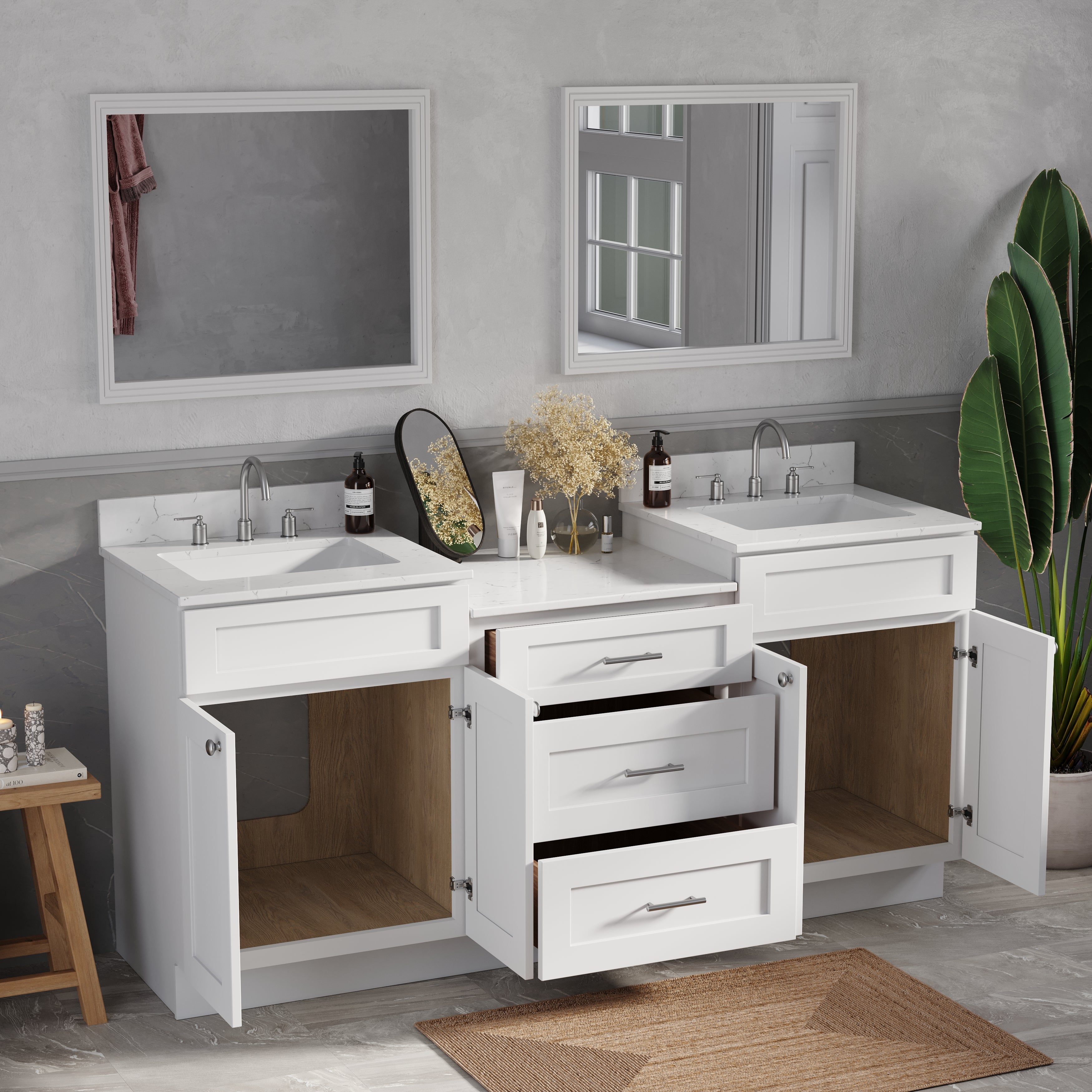 72'' Double Bathroom Vanity Cabinet Shaker Dovetail Solid Wood Drawer Carrara Quartz Top