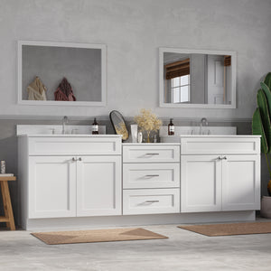 96'' Double Bathroom Vanity Cabinet Shaker Dovetail Solid Wood Drawer Carrara Quartz Top