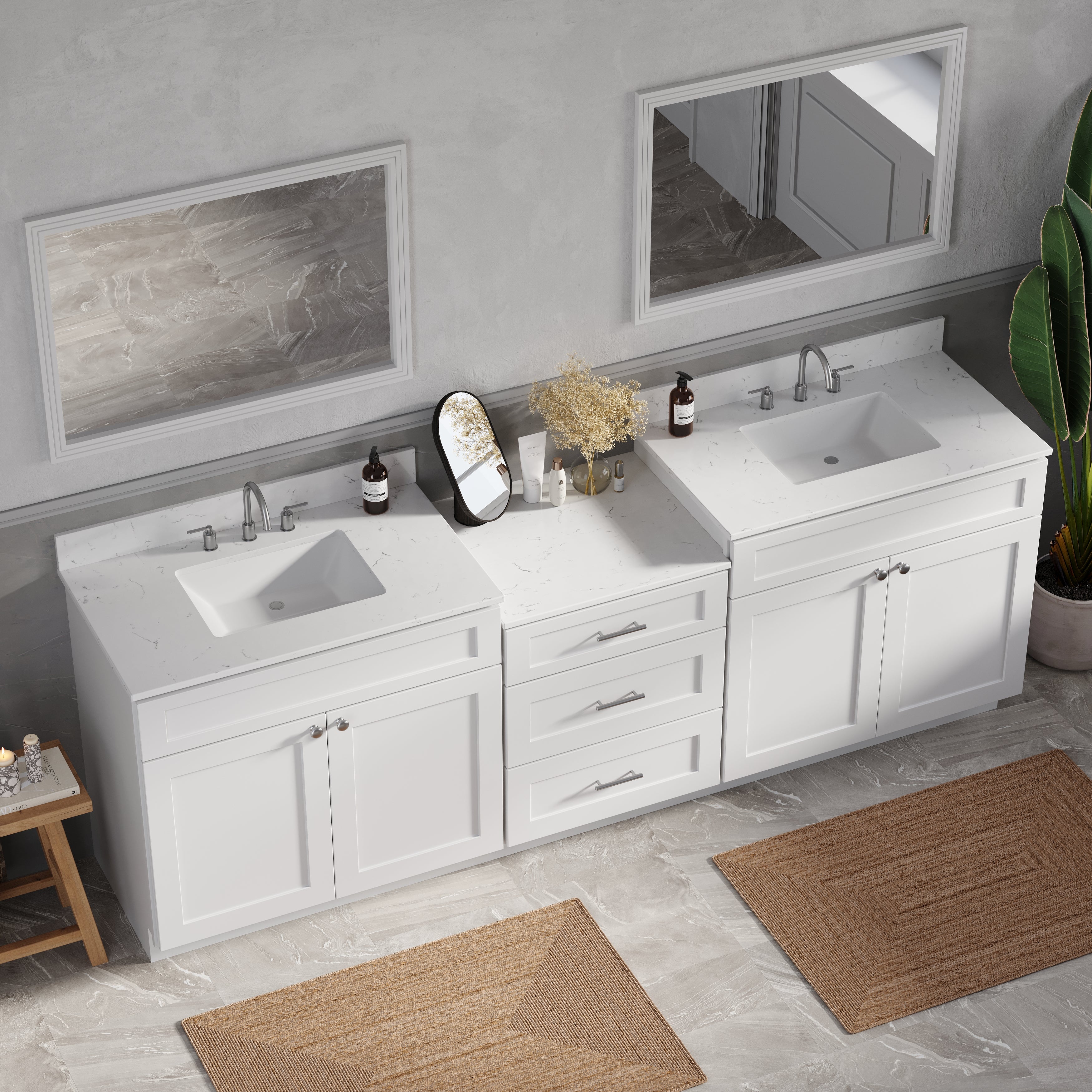 96'' Double Bathroom Vanity Cabinet Shaker Dovetail Solid Wood Drawer Carrara Quartz Top