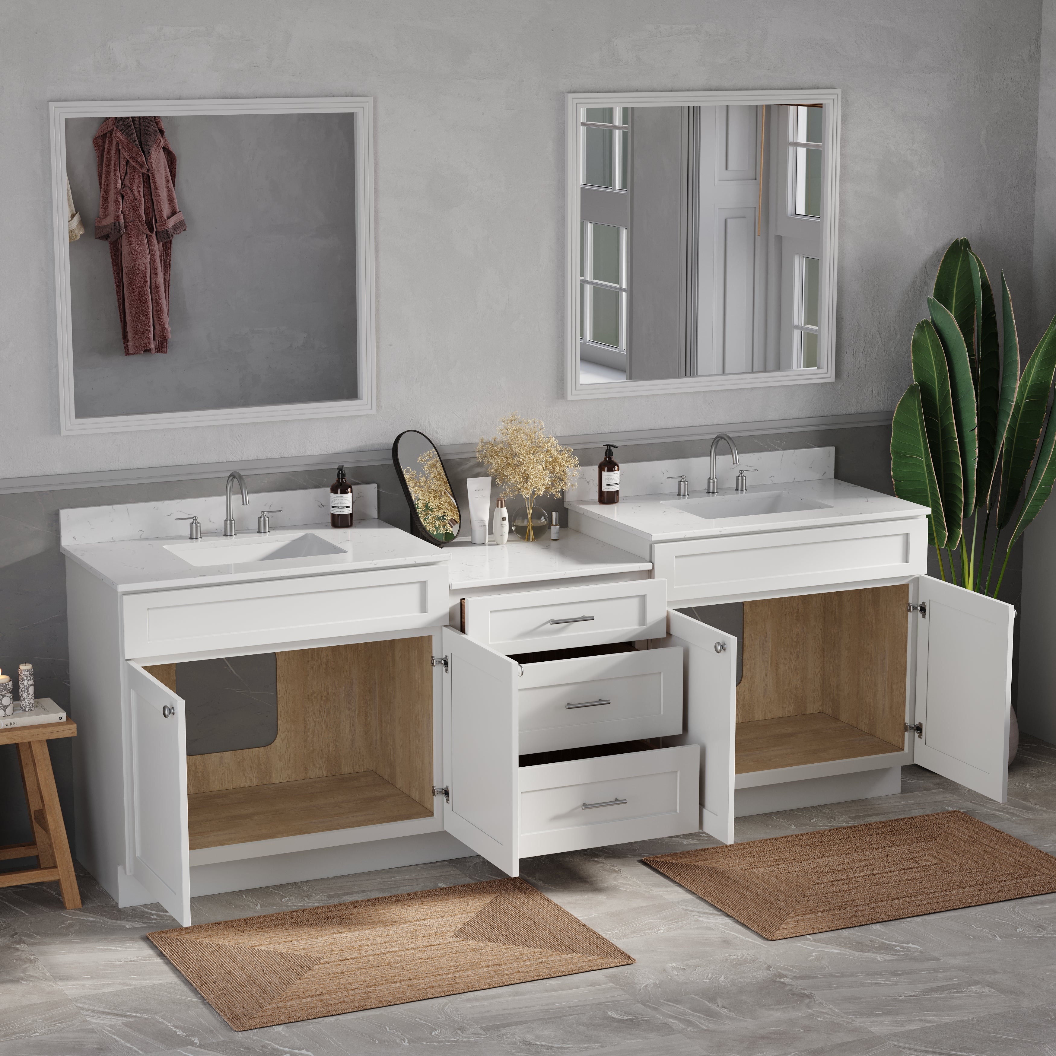 96'' Double Bathroom Vanity Cabinet Shaker Dovetail Solid Wood Drawer Carrara Quartz Top