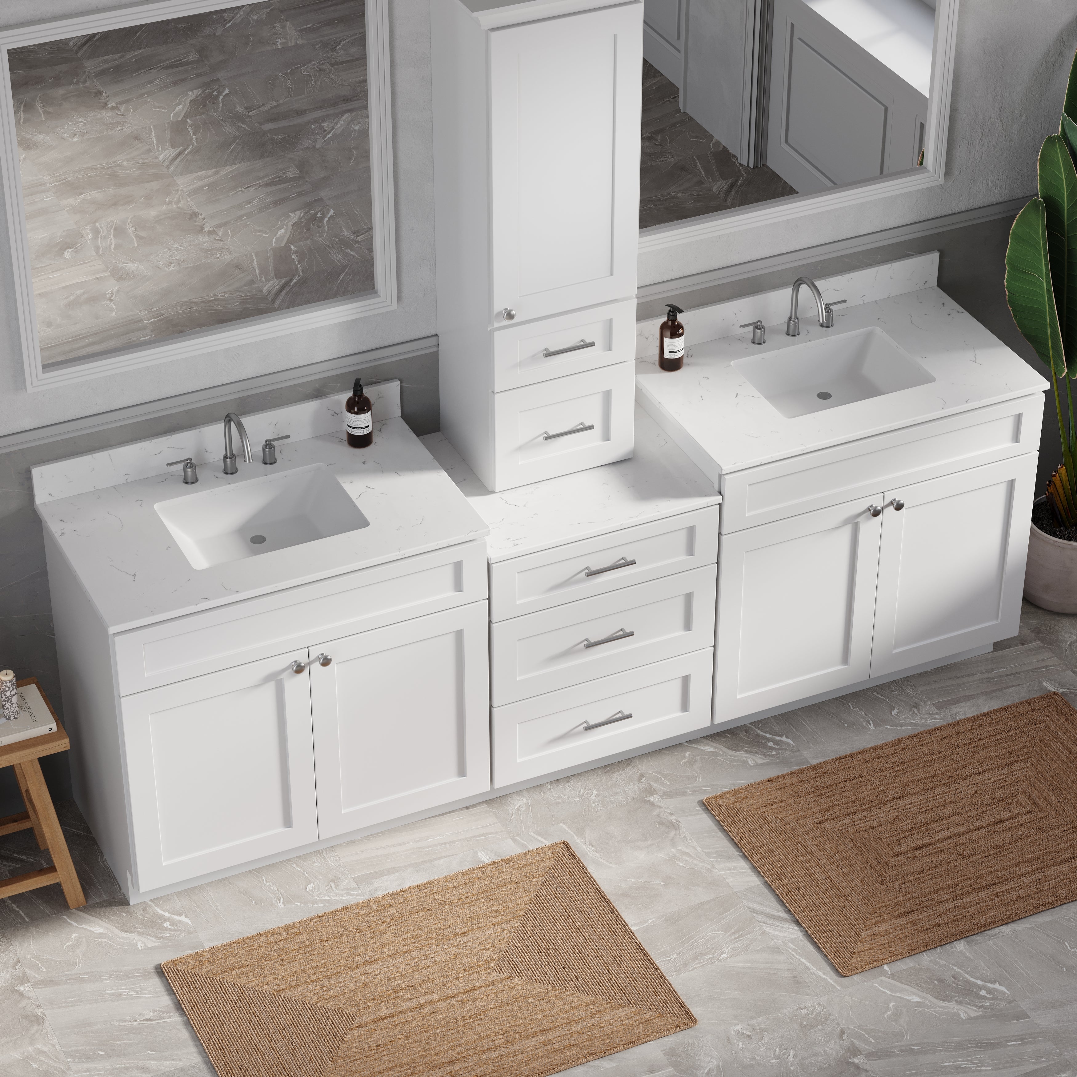 96'' Double Bathroom Vanity With Counter Top Tall Cabinet Shaker Dovetail Solid Wood Drawer Carrara Quartz Top