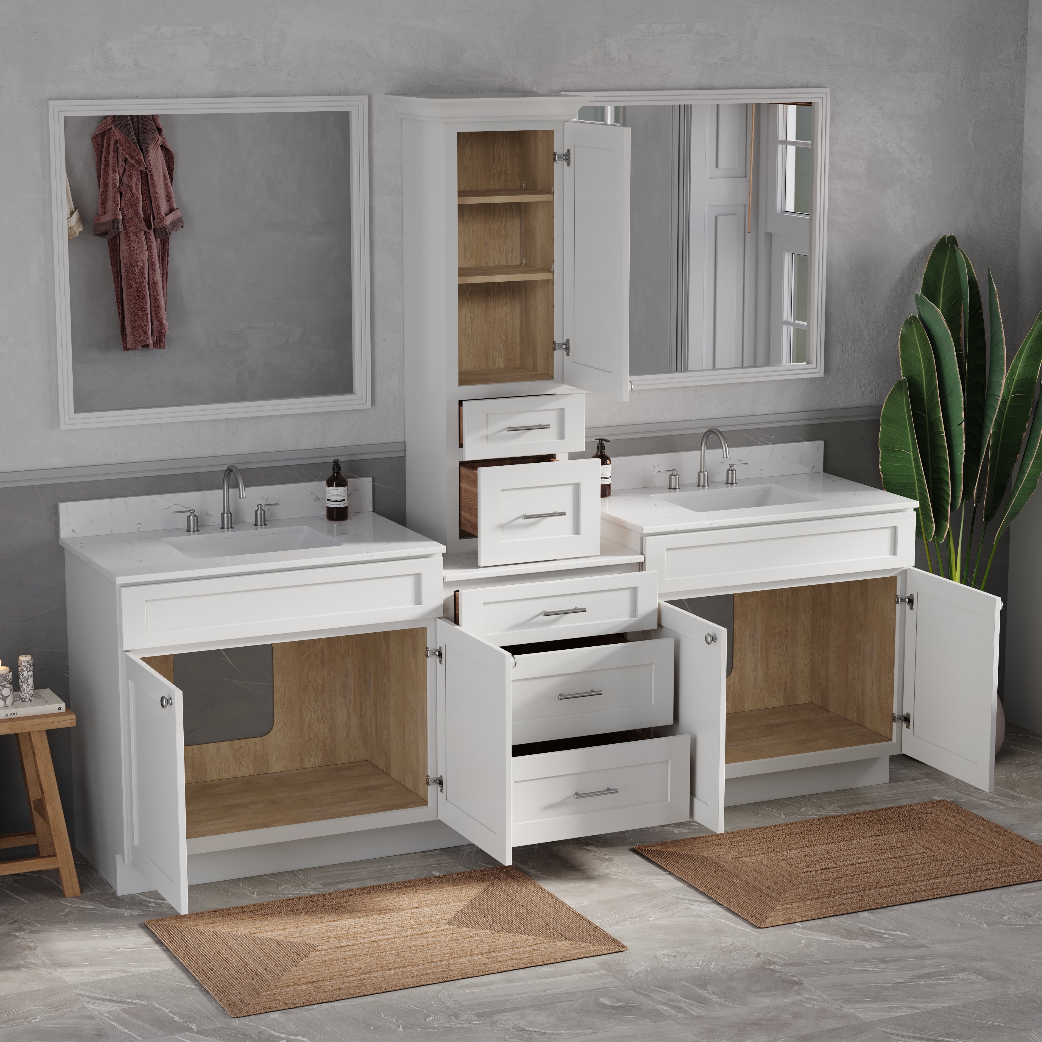 96'' Double Bathroom Vanity With Counter Top Tall Cabinet Shaker Dovetail Solid Wood Drawer Carrara Quartz Top