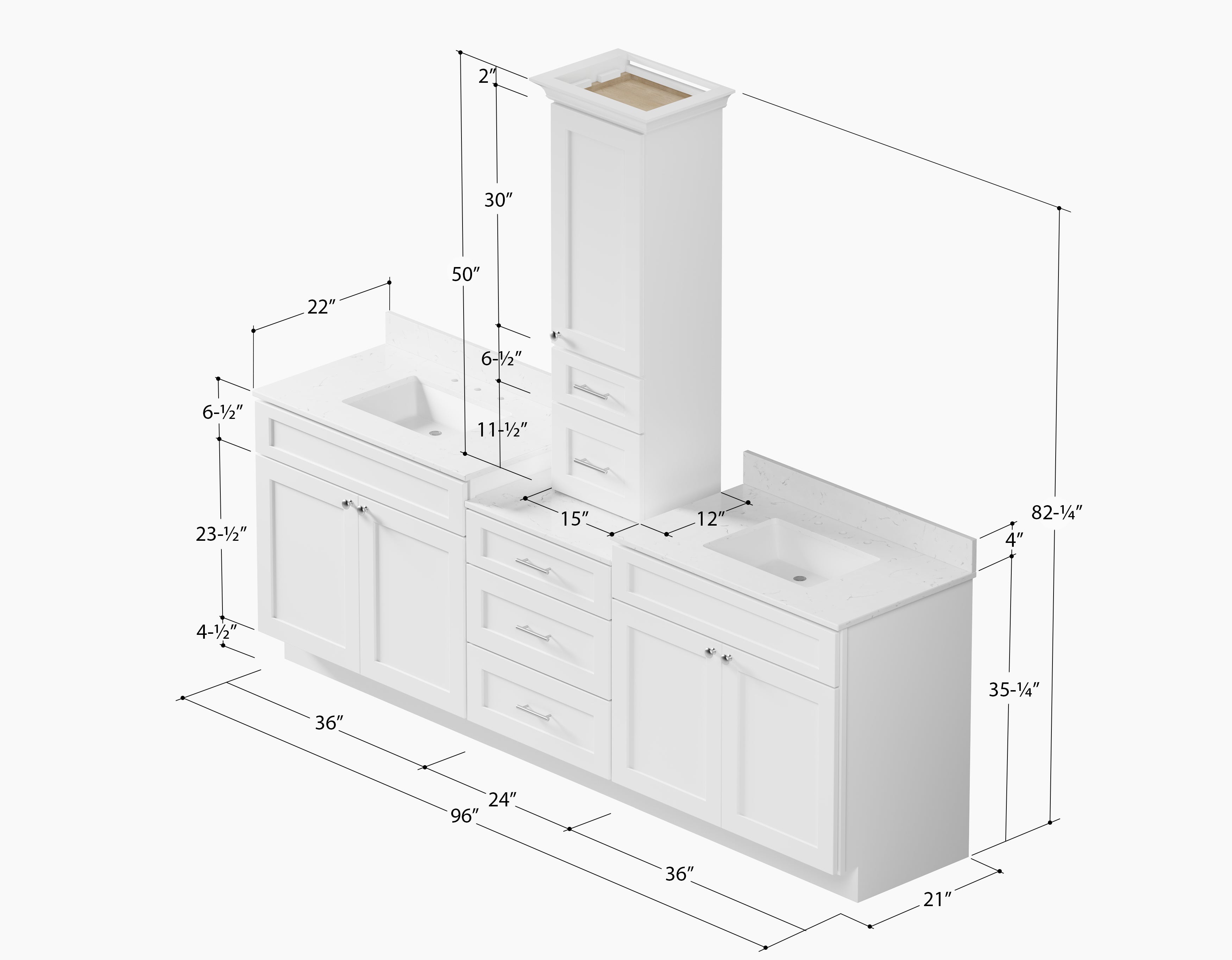 96'' Double Bathroom Vanity With Counter Top Tall Cabinet Shaker Dovetail Solid Wood Drawer Carrara Quartz Top