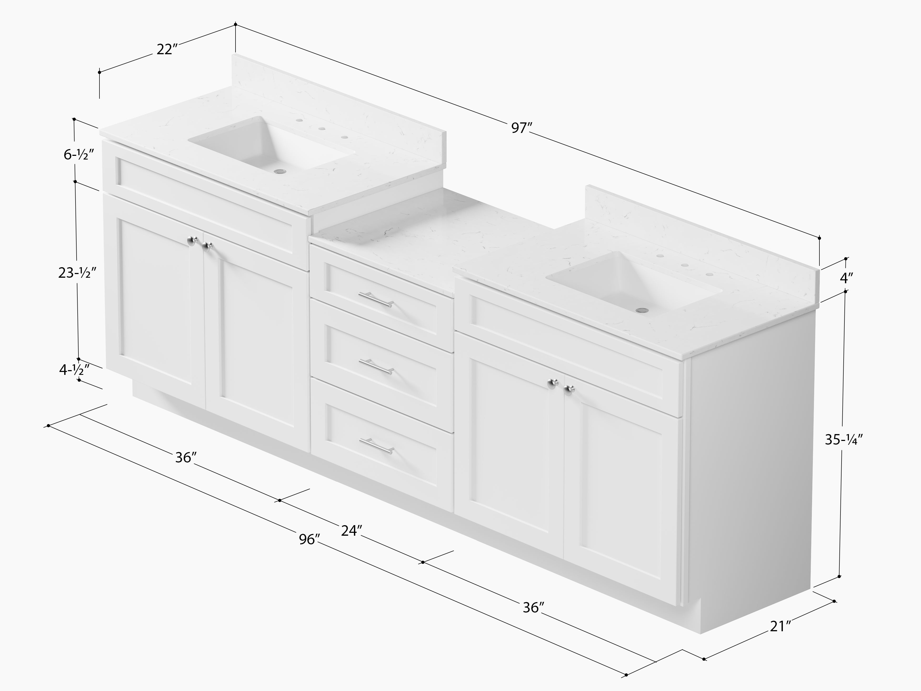 96'' Double Bathroom Vanity Cabinet Shaker Dovetail Solid Wood Drawer Carrara Quartz Top