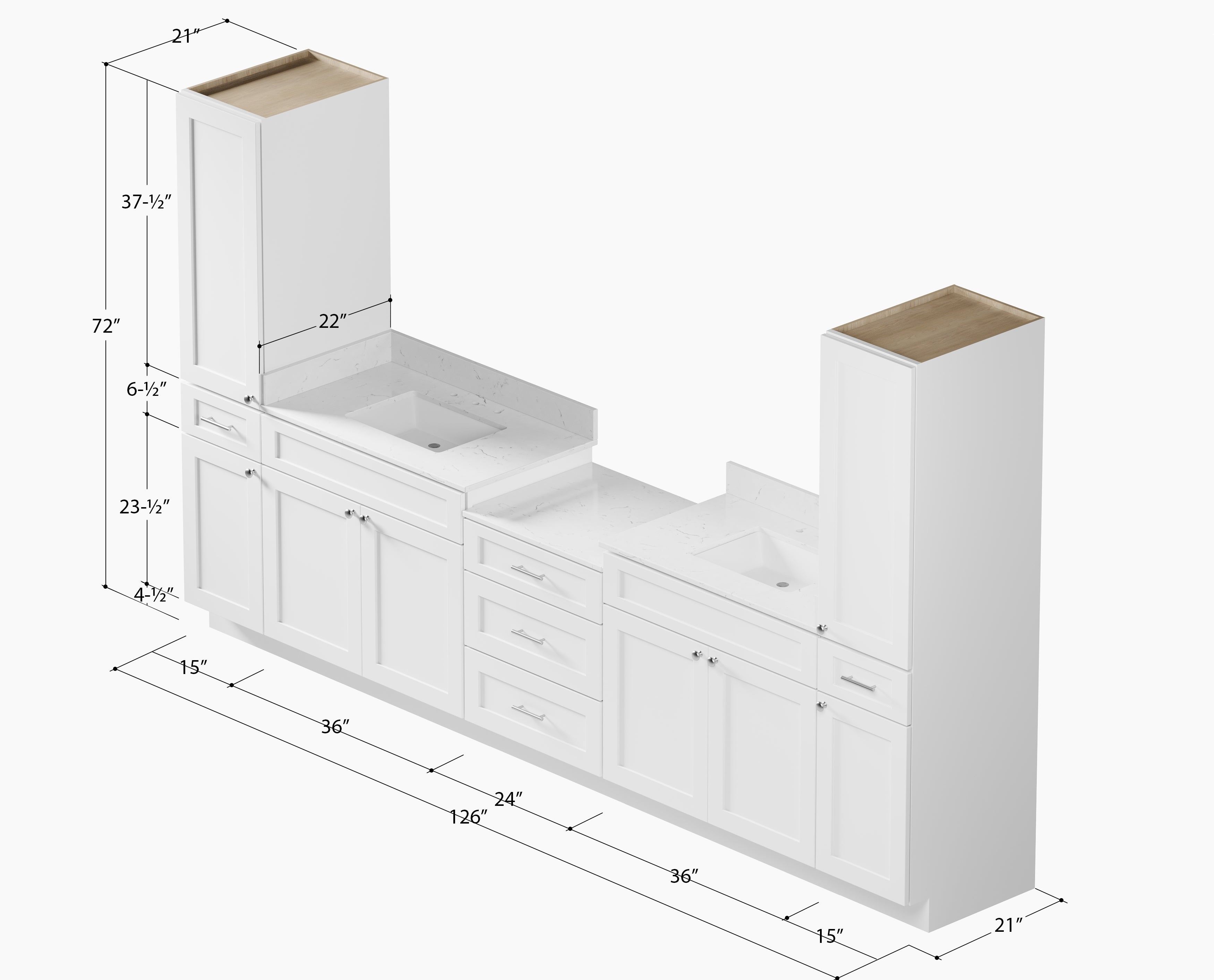 126'' Double Bathroom Vanity Cabinet Shaker Dovetail Solid Wood Drawer Carrara Quartz Top