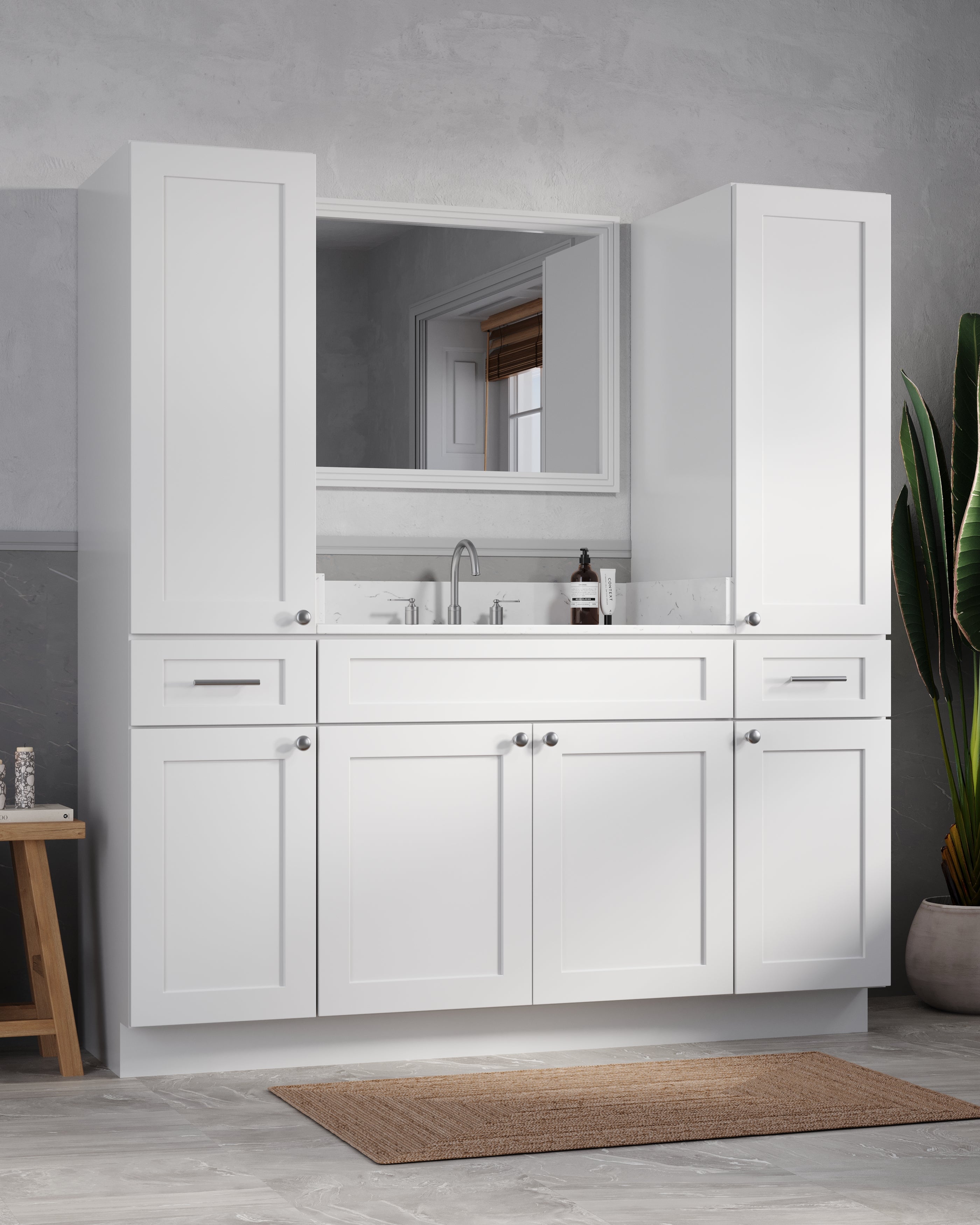 Disar 66'' Single Bathroom Vanity With Linen Tall Cabinet Shaker Dovetail Solid Wood Drawer Carrara Quartz Top