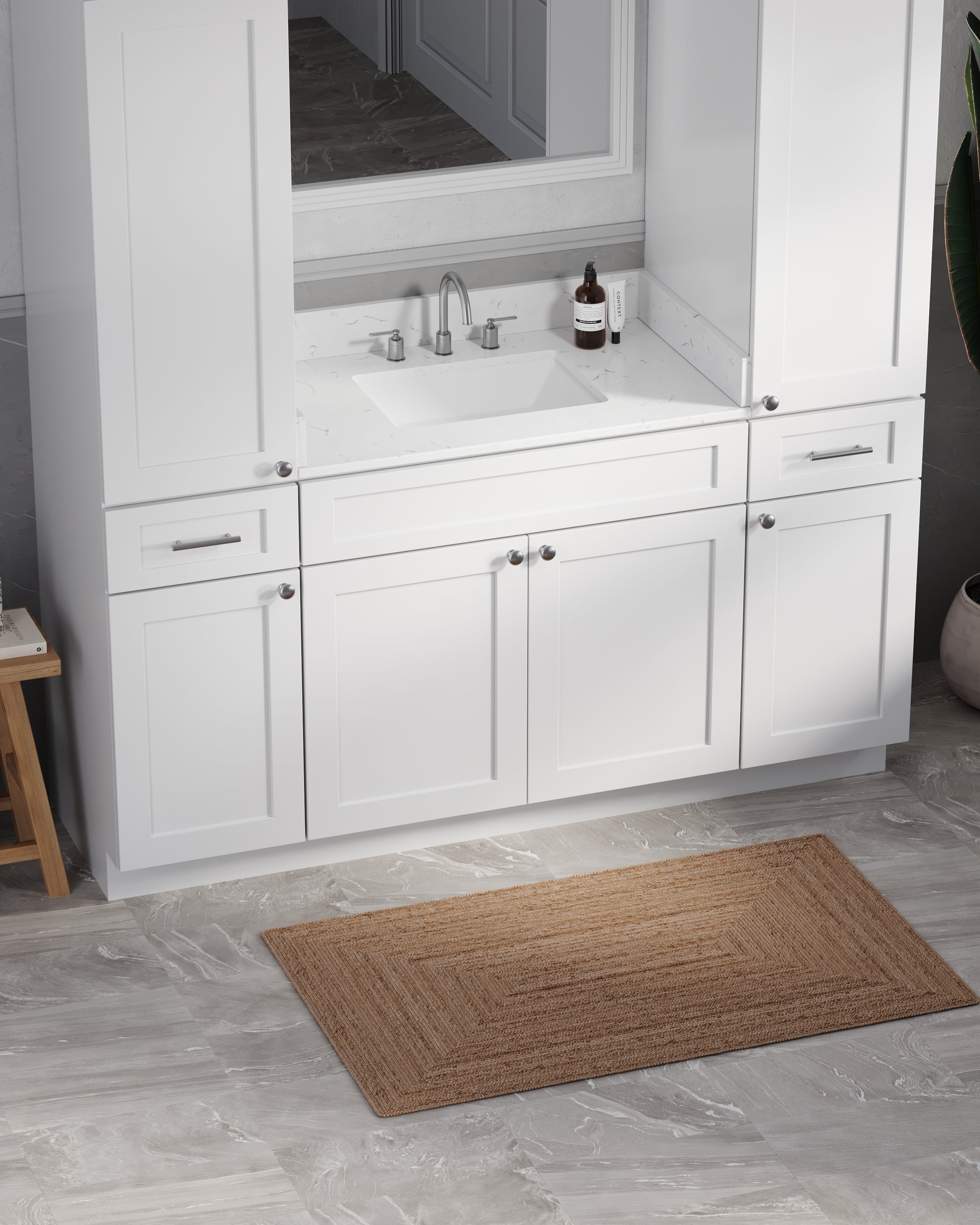 Disar 66'' Single Bathroom Vanity With Linen Tall Cabinet Shaker Dovetail Solid Wood Drawer Carrara Quartz Top