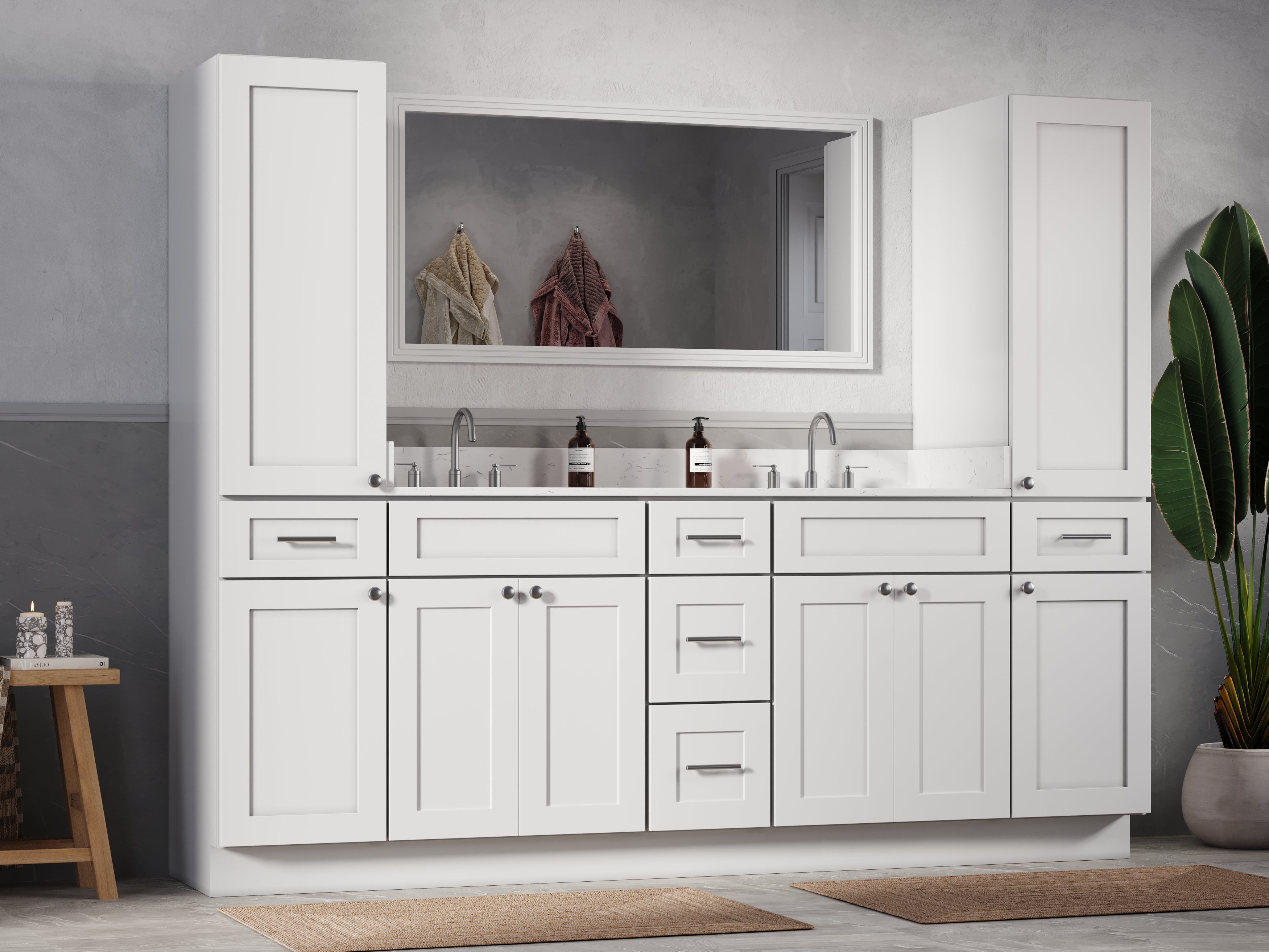 Disar 90'' Double Bathroom Vanity With Linen Tall Cabinet Shaker Dovetail Solid Wood Drawer Carrara Quartz Top